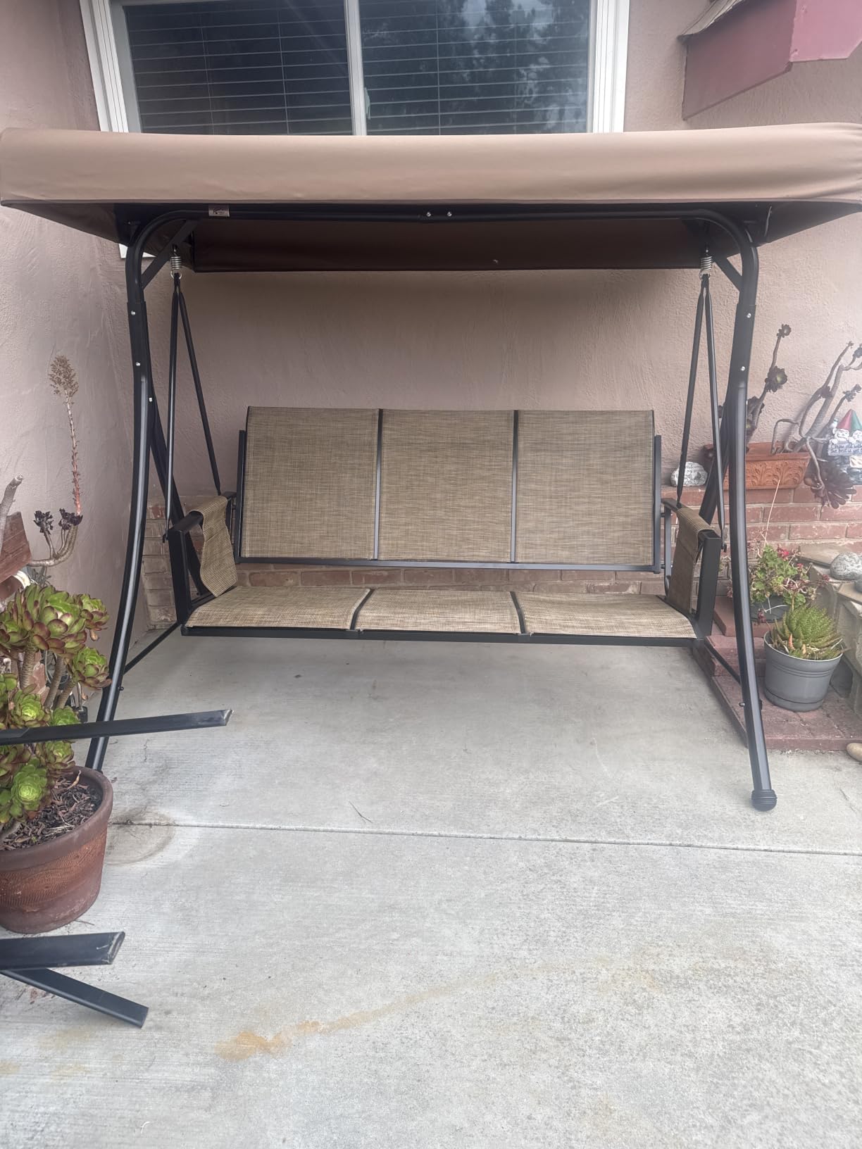 PURPLE LEAF 3-Seat Deluxe Outdoor Patio Porch Swing with Textilene Fabric | Canopy and Stand Design, Easy to Move, Heavy-Duty Aluminum Structure, Convenient Storage Pocket, Easy to Clean customer photo 2