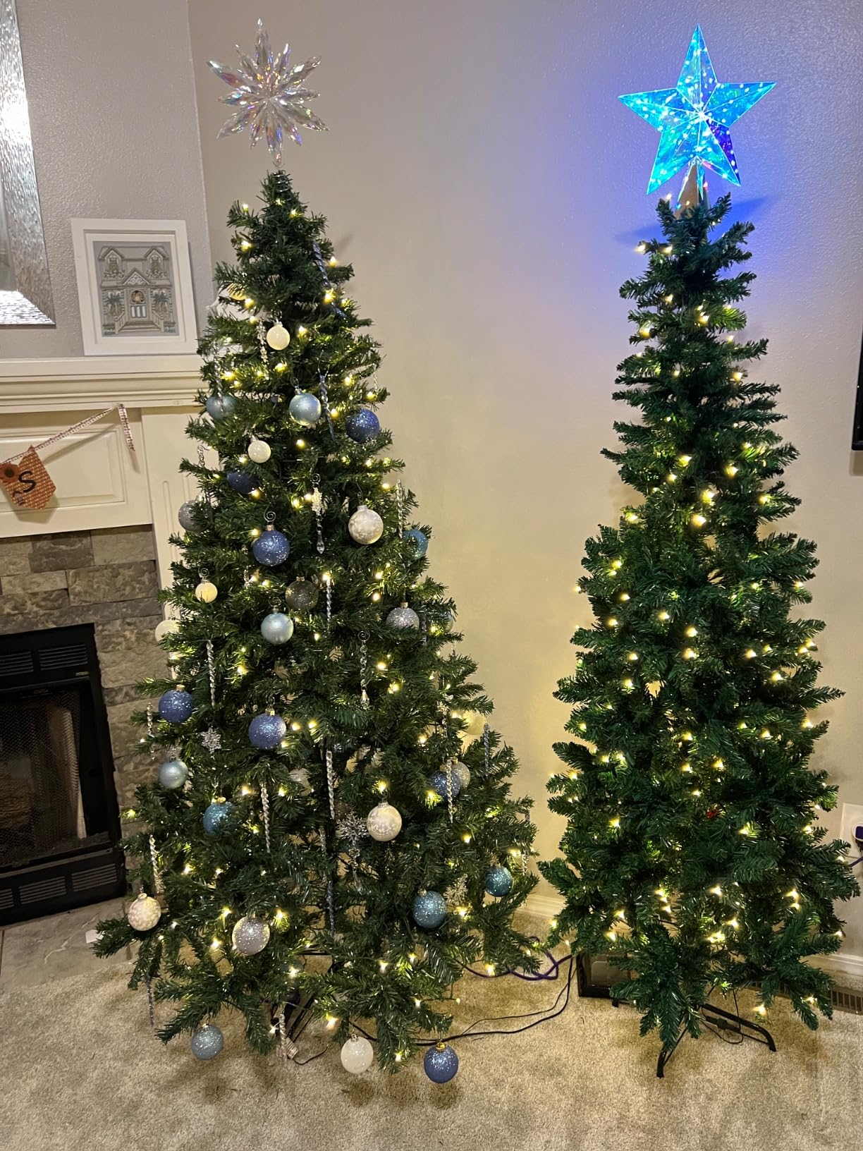 GOFLAME 4.5Ft Pre-Lit Pencil Christmas Tree, Artificial Slim Christmas Tree with 150 LED Lights and Solid Metal Stand, Spruce Hinged Christmas Decoration Tree, Suitable for Indoor and Outdoor customer photo 2
