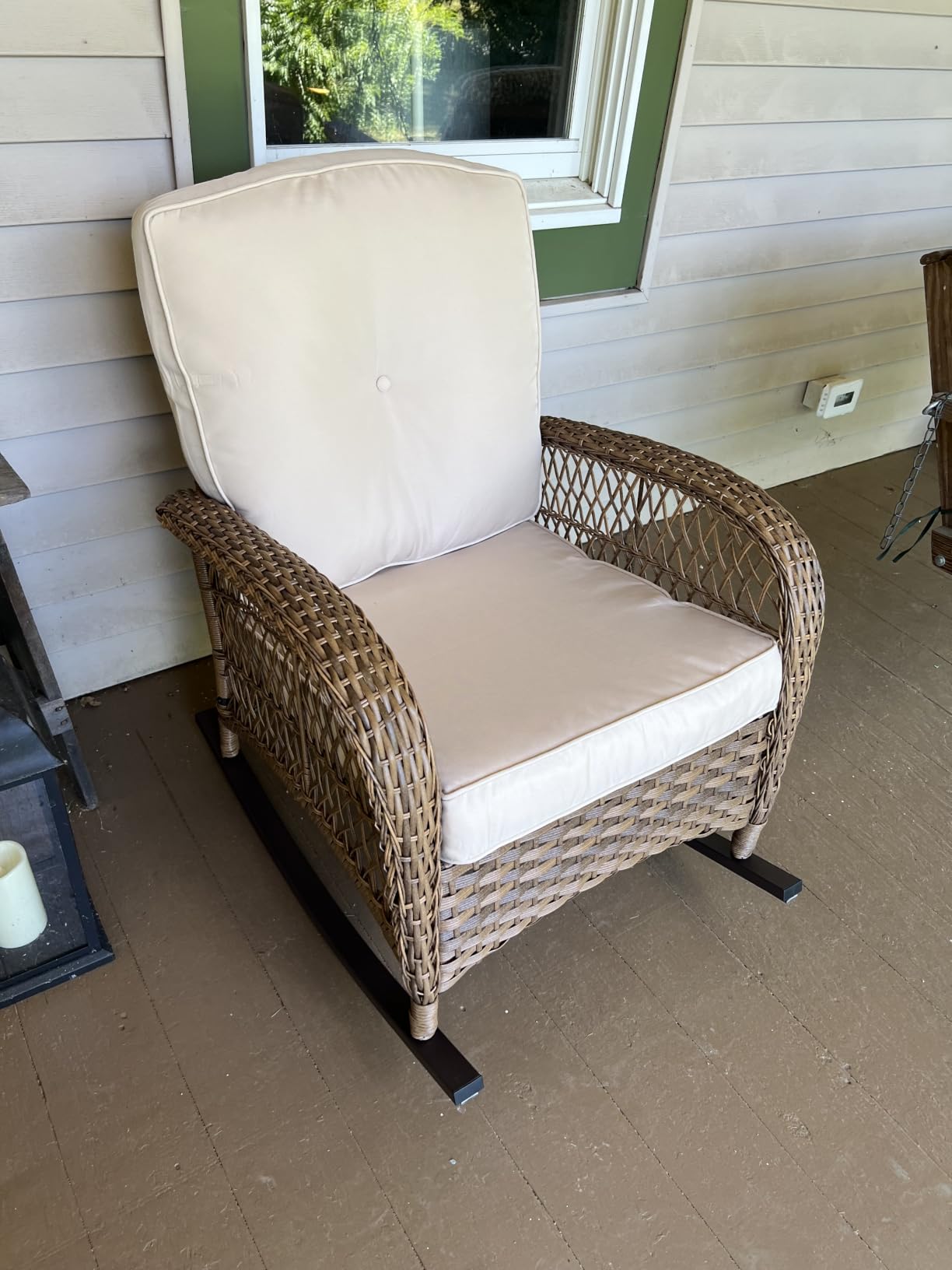 Outdoor Wicker Rocking Chair, Patio Rattan Rocker Chair with Cushions & Steel Frame, All-Weather Rocking Lawn Wicker Furniture for Garden Backyard Porch (Beige) customer photo 2