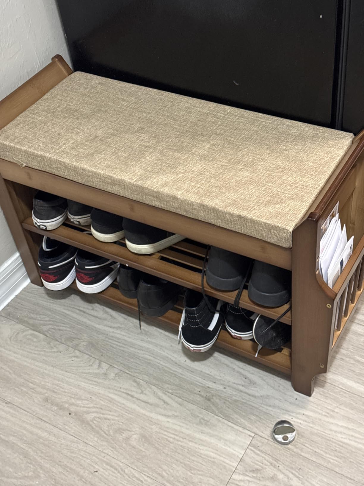 PETKABOO Shoe Bench with Hidden Drawer and Side Holder, 2 Tier Entryway Bench with Storage 39.4 in, Bamboo Shoe Rack with Cushion for Entryway Hallway Living Room Bedroom customer photo 2