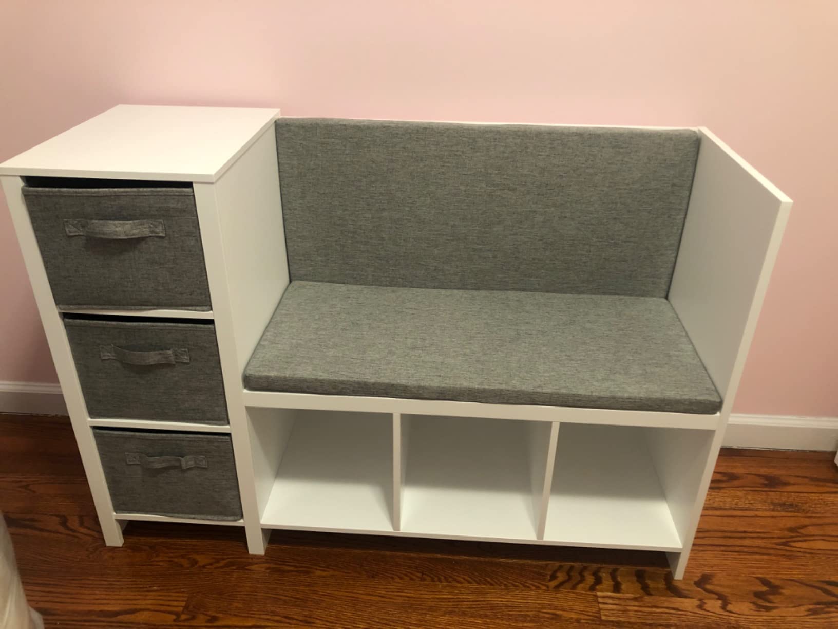 UTEX Kids Reading Nook Bench with Bookshelf, Kids Bookcase and Storage Organizer with Seat Cushion, Reading Bench with Bins for Bedroom & Entryway, White customer photo 1
