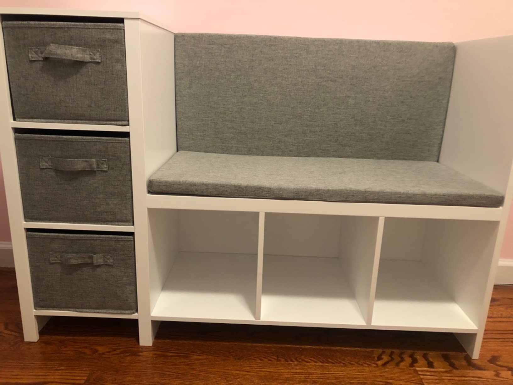 UTEX Kids Reading Nook Bench with Bookshelf, Kids Bookcase and Storage Organizer with Seat Cushion, Reading Bench with Bins for Bedroom & Entryway, White customer photo 2
