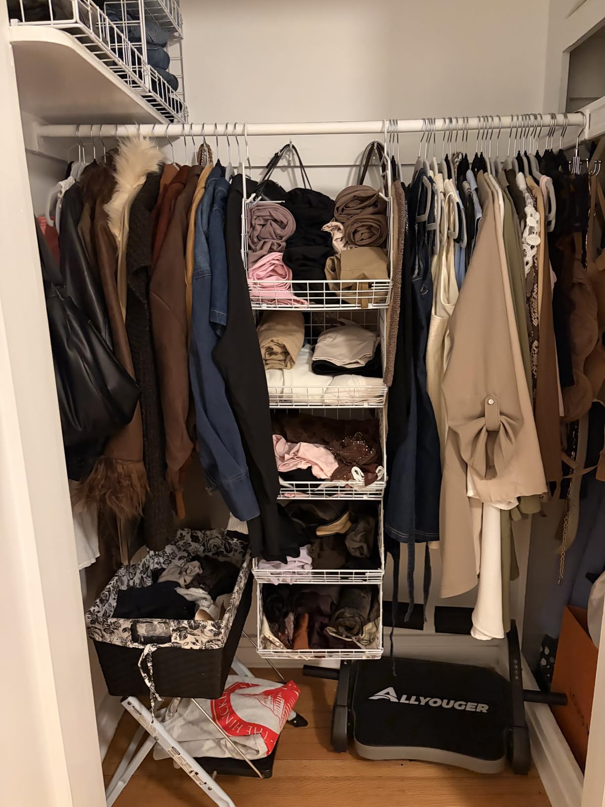 X-cosrack 5 Tier Closet Hanging Organizer, Clothes Hanging Shelves with 4 Hanging Hooks 5 S Hooks, Wire Storage Basket Bins, for Clothing Sweaters Shoes Handbags Accessories customer photo 2