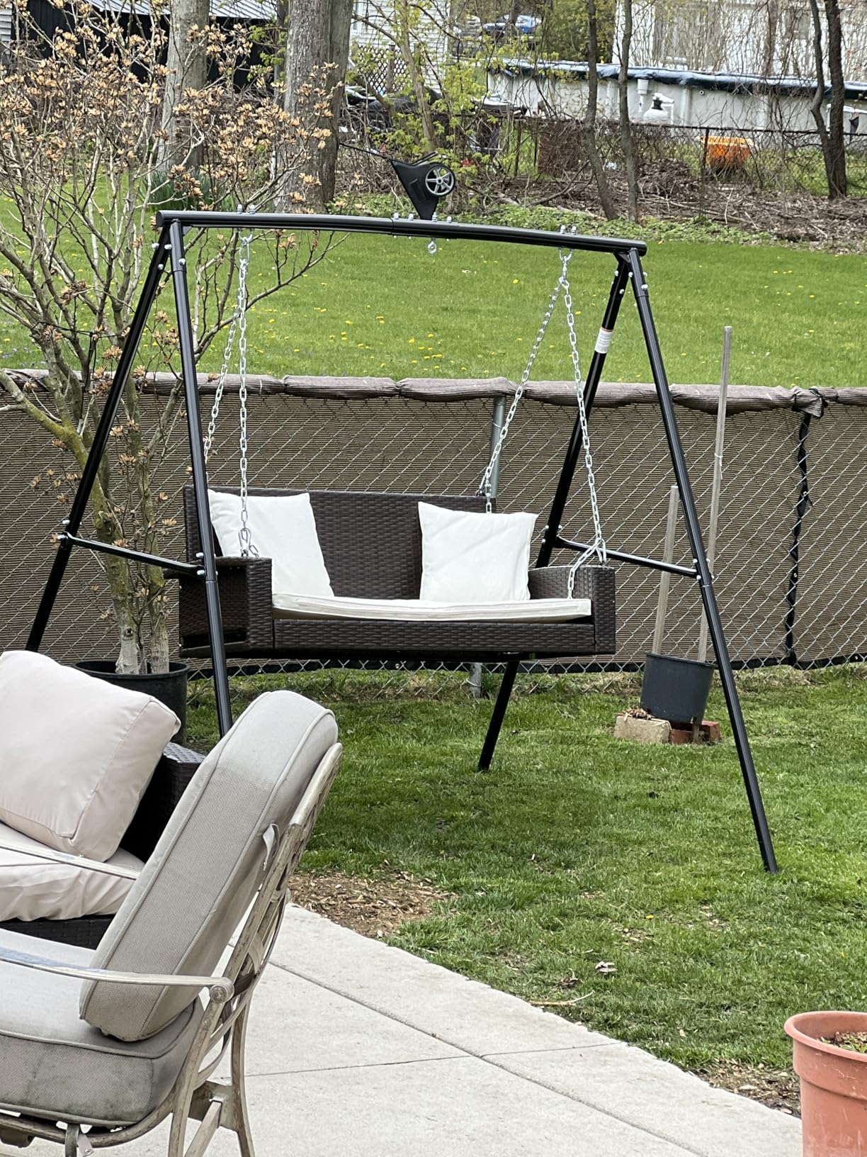 RELAX4LIFE Porch Swing 2-Seat Patio Rattan, Wicker Porch Swings Outdoor W/Two 7.9 Ft Solid Steel Chain, Comfortable Back & Seat Cushions, for Front Porch, Garden, Backyard Patio Swing (Beige) customer photo 2