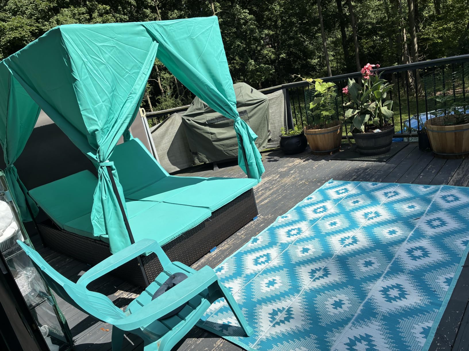 Patio Chaise Lounge, PE Rattan Outdoor Patio Wicker Sunbed Daybed with Adjustable Seats, Four-sided Canopy, Overhead Curtain and Beige Cushions for Backyard, Garden, Poolside (for 2-6 people) customer photo 1