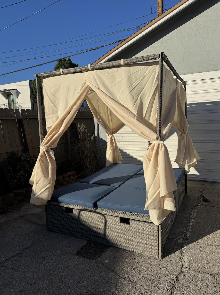 Patio Chaise Lounge, PE Rattan Outdoor Patio Wicker Sunbed Daybed with Adjustable Seats, Four-sided Canopy, Overhead Curtain and Beige Cushions for Backyard, Garden, Poolside (for 2-6 people) customer photo 2