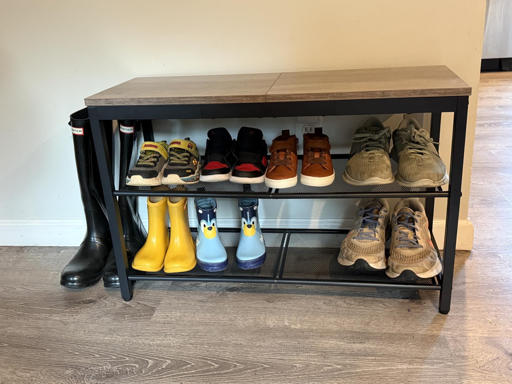 HOOBRO Shoe Bench, 3-Tier Shoe Rack, Industrial Shoe Organizer Storage Bench, 29.5 inches Entry Bench with Mesh Shelves, for Entryway, Living Room, Hallway, Easy Assembly, Rustic Brown BF75HX01 customer photo 2