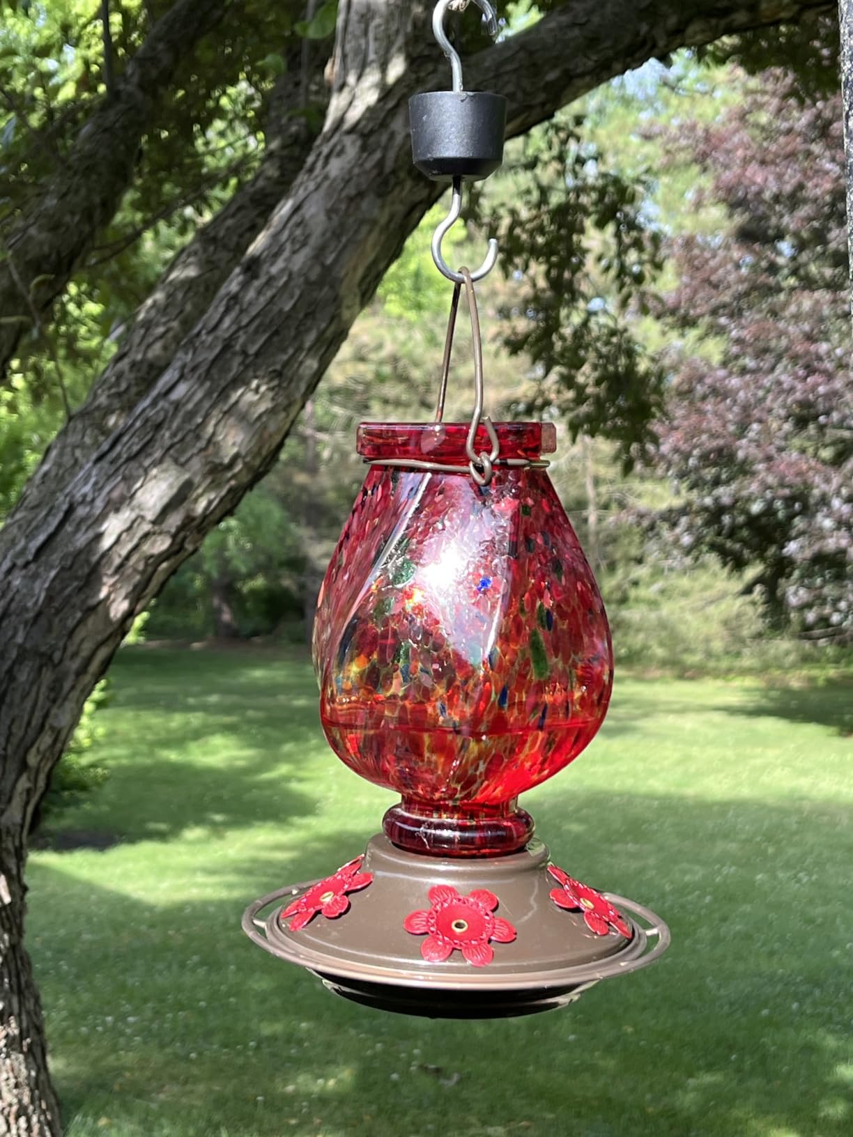 BOLITE Hummingbird Feeder, Hand Blown Glass Hummingbird Feeders for Outdoors Hanging with Ant Moat, 5 Bee-Proof Ports, Leak-Proof, 360° Perch, 22oz, Red, Gifts for Women Men, Gifts for Mom Dad customer photo 1