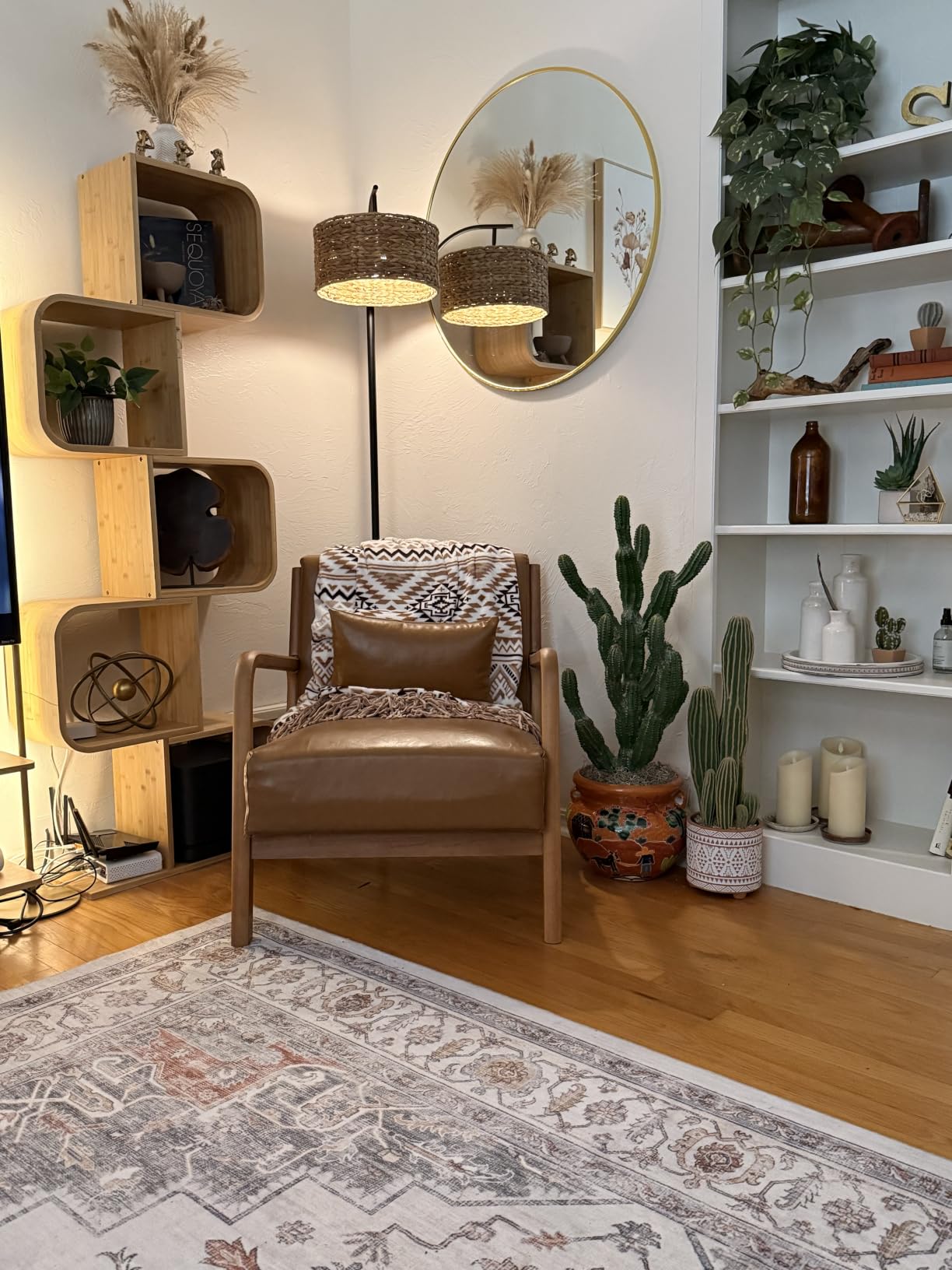 Mid Century Modern Accent Chair with Wood Frame, PU Leather Reading Armchair with Waist Cushion, Upholstered Living Room Chairs for Bedroom Sunroom (Camel) customer photo 1