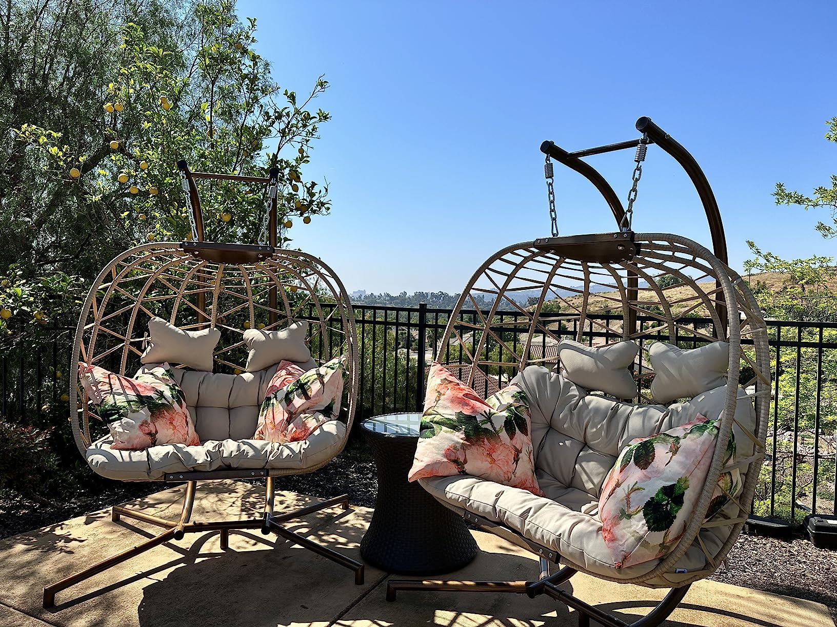 BULEXYARD 2 Person Swing Egg Chair with Stand, Outdoor Oversized Seat, Beige | 5in Thick Cushion, 230g Solution-Dyed Fabric, 680lbs Heavy-Duty Capacity, Foldable Basket, All-Weather PE Wicker Hanging Chair customer photo 1