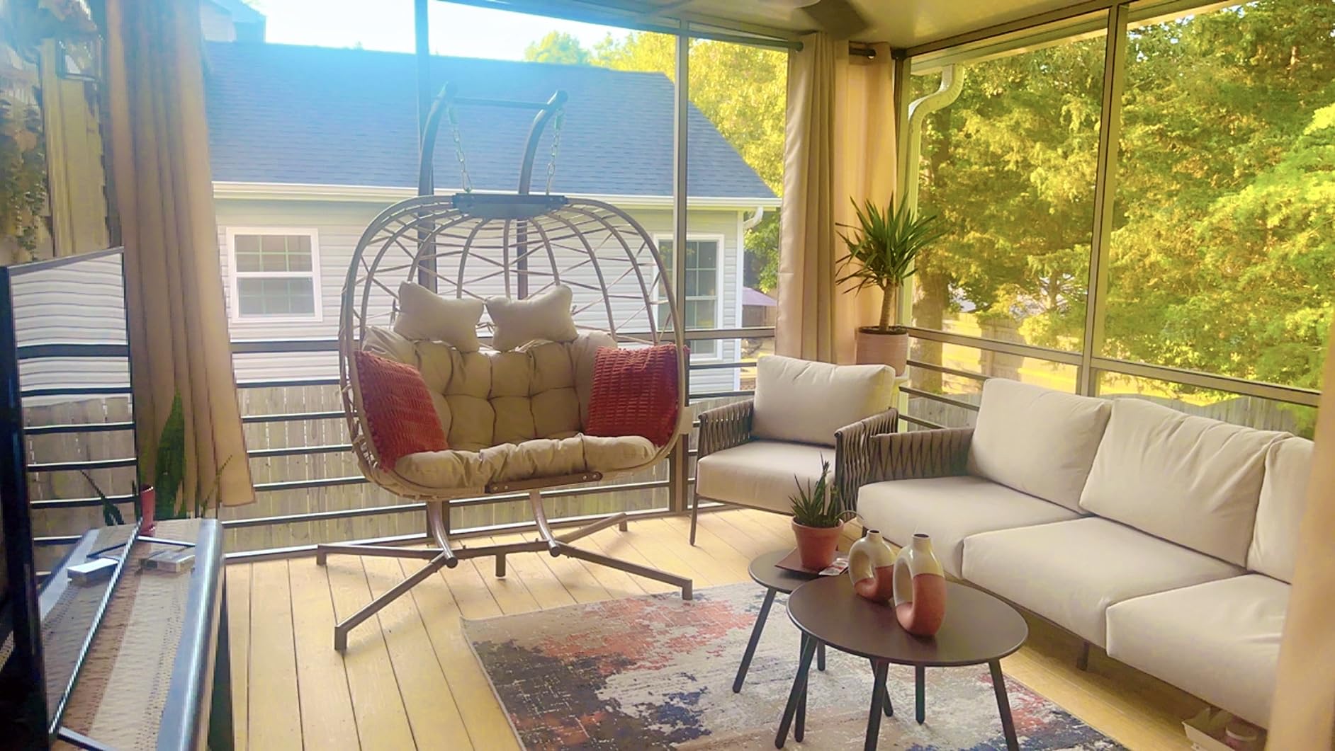 BULEXYARD 2 Person Swing Egg Chair with Stand, Outdoor Oversized Seat, Beige | 5in Thick Cushion, 230g Solution-Dyed Fabric, 680lbs Heavy-Duty Capacity, Foldable Basket, All-Weather PE Wicker Hanging Chair customer photo 2