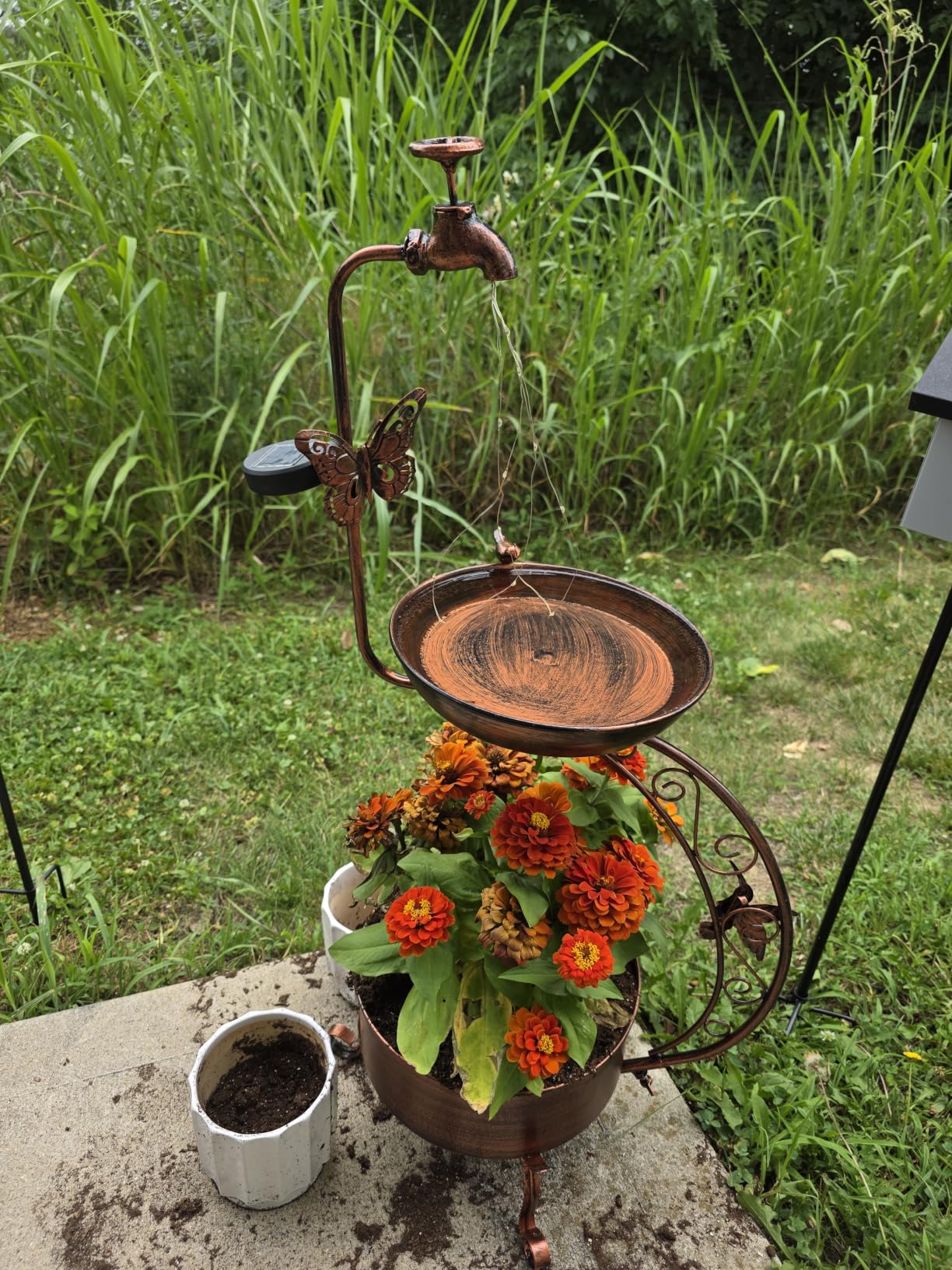DREAMYSOUL Solar Bird Baths for Outdoors, Metal Birdbath with Flower Planter Pedestal, Antique Copper Bird Bath with Solar String Light for Garden, Yard, Patio Decor 36