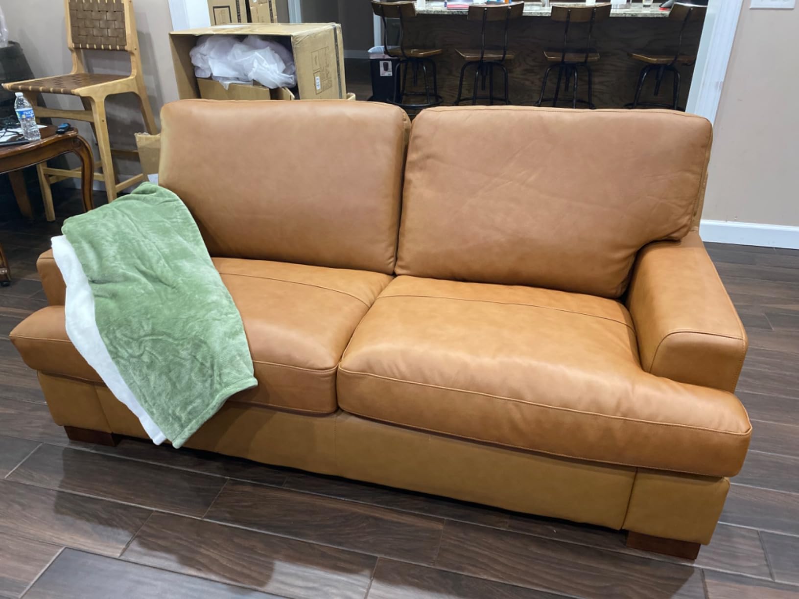 Naomi Home Siggy Genuine Leather Oversized Accent Chair, Tan | Goose Feather Cushion, Modern Design, Easy Assembly, Removable Cushions, Cozy Reading Chair For Living Rooms Or Bedrooms customer photo 1