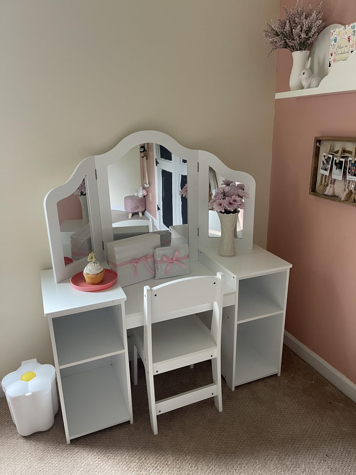 Costzon Kids Vanity, 2 in 1 Princess Makeup Desk & Chair Set with Detachable Tri-Folding Mirror, Storage Shelves, Wooden Toddler Vanity Dressing Table, Vanity Set for Little Girls (White) customer photo 1