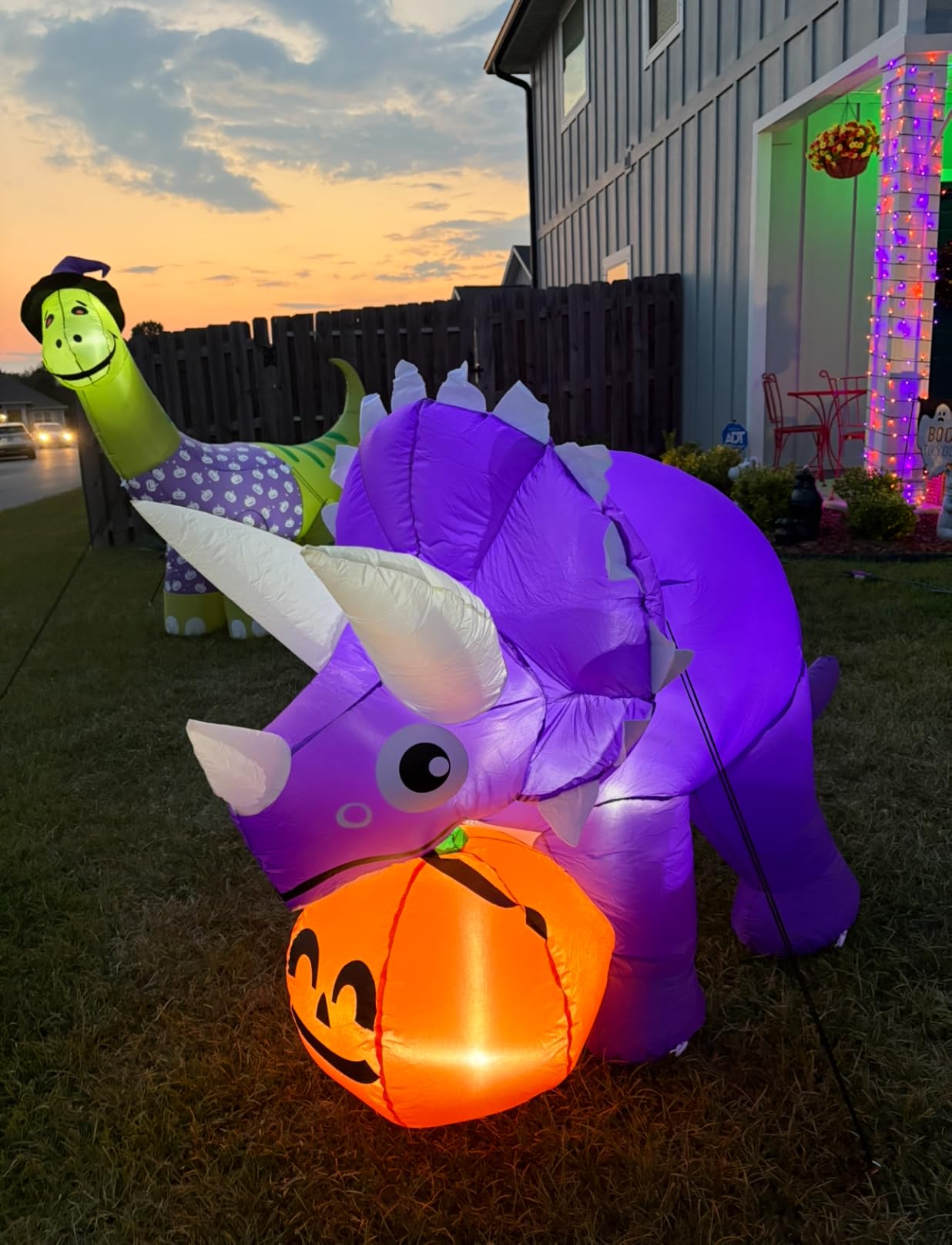 GOOSH 5 FT Width Halloween Inflatables Dinosaur Outdoor Decorations Blow Up Yard Dinosaur with Pumpkin with Built-in LEDs for Garden Lawn Indoor Party Decor customer photo 1