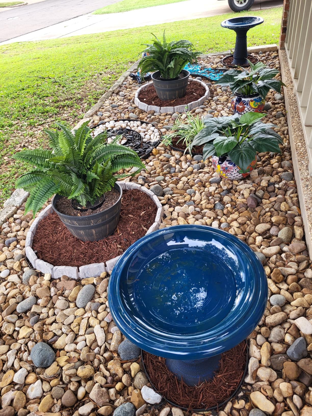 Arcadia Garden Products Fiberclay Bird Bath Outdoor Garden Decor, Antique Vintage Weather Resistant Water Bowl for Backyard and Patio and, 20-inch Tall, Blue customer photo 1