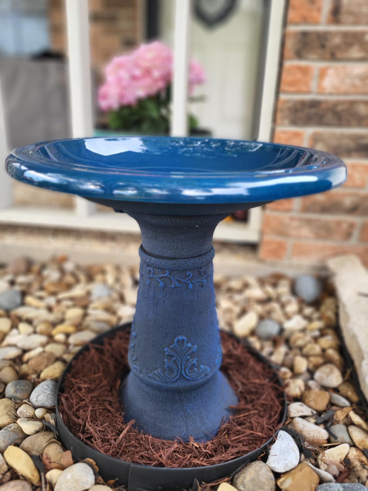 Arcadia Garden Products Fiberclay Bird Bath Outdoor Garden Decor, Antique Vintage Weather Resistant Water Bowl for Backyard and Patio and, 20-inch Tall, Blue customer photo 2