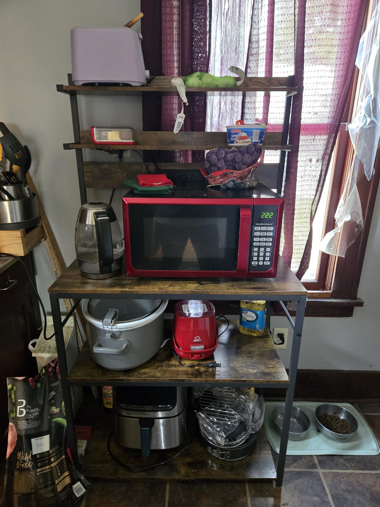 Aheaplus Bakers Rack with Power Outlet, Microwave Stand, 5 Tiers Coffee Bar Station with LED Lights, Kitchen Storage Shelf with 6 S-shaped Hooks, Rustic Brown customer photo 2