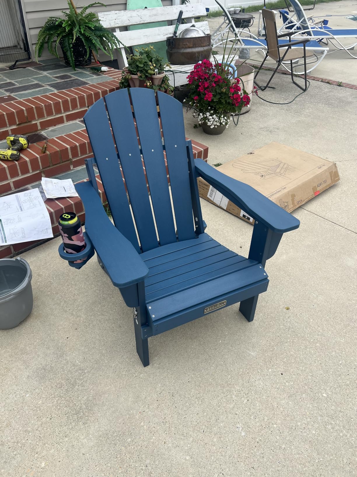 SERWALL Folding Adirondack Chair Set of 4 with Cup Holder for Fire Pit-Blue | Foldable Adirondack Chairs for Patio Garden Outdoor, Weather Resistant Plastic Fire Pit Chair with Wood Texture, SGS Tested customer photo 2