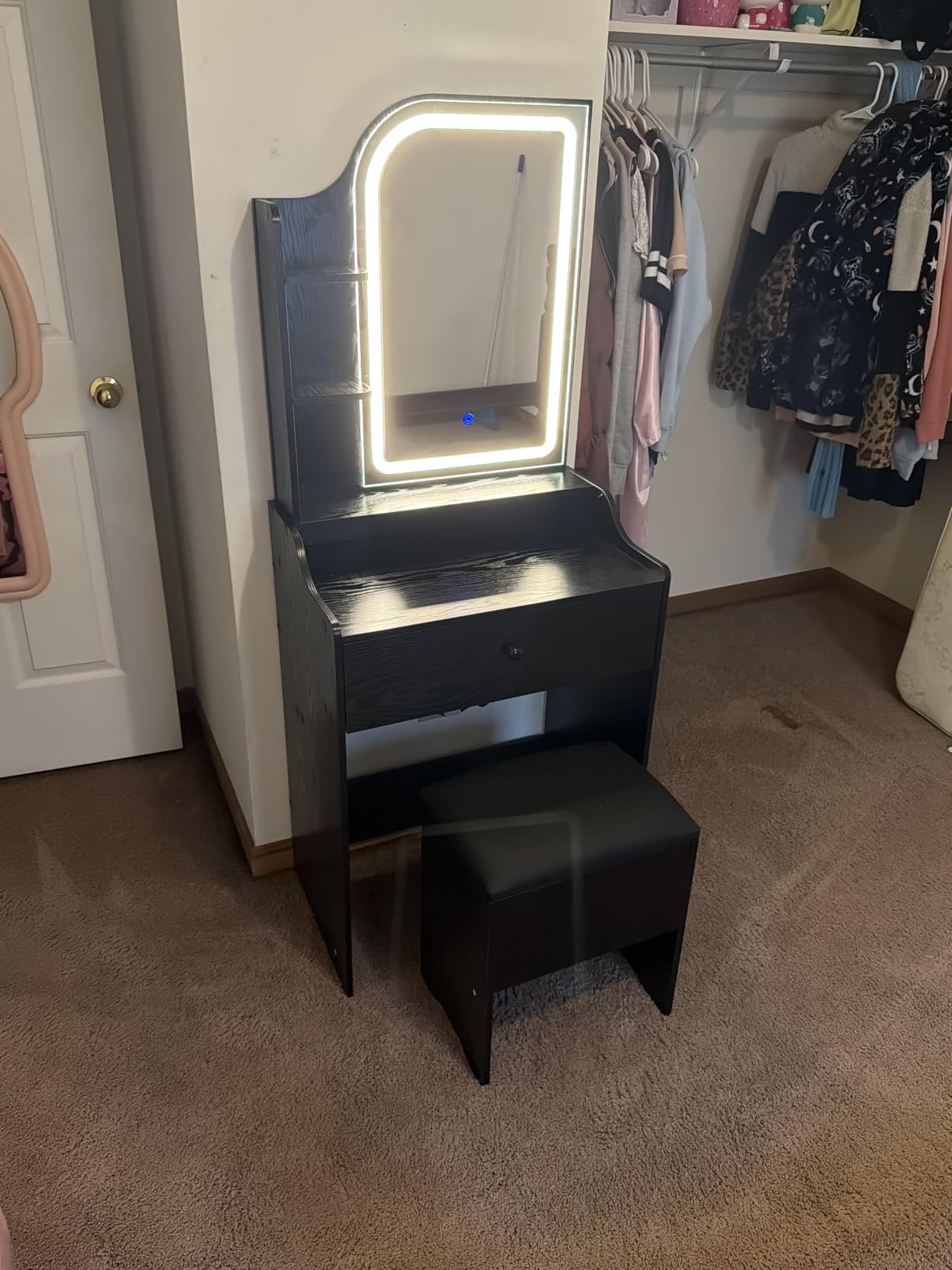 LIKIMIO Small Vanity Desk with Mirror Lights and Storage Stool | White compact vanity with 3 light modes, charging station, storage drawer, 3 shelves and upholstered stool customer photo 2