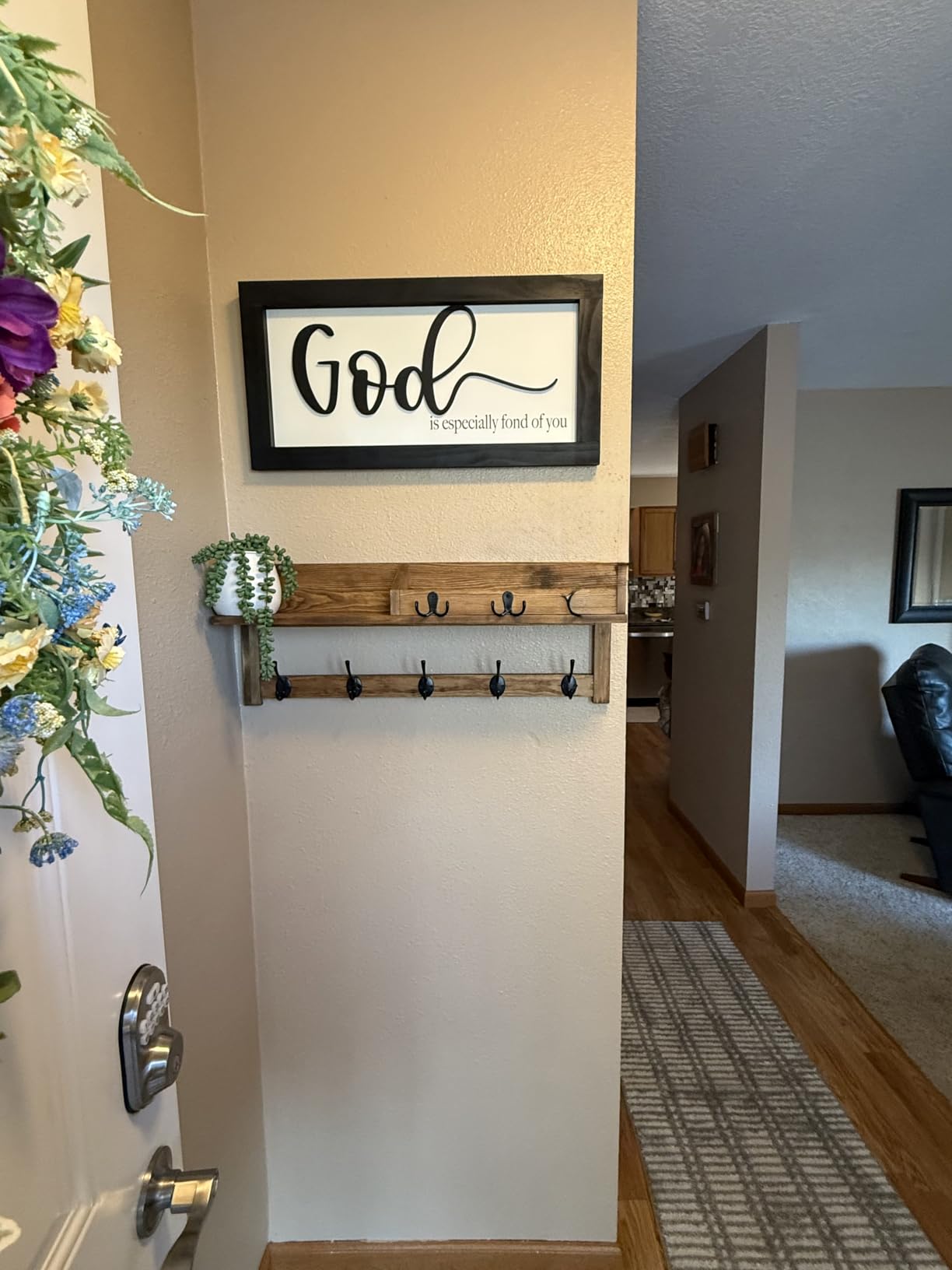AMBIRD Wall Hooks with Shelf, 26.57 Inch Entryway Wood Coat Hooks for Wall with Shelf, Coat Rack Wall Mount with 5 Dual Hooks 3 Key Hooks Mail Organizer and Key Rack Holder (Brown) customer photo 2