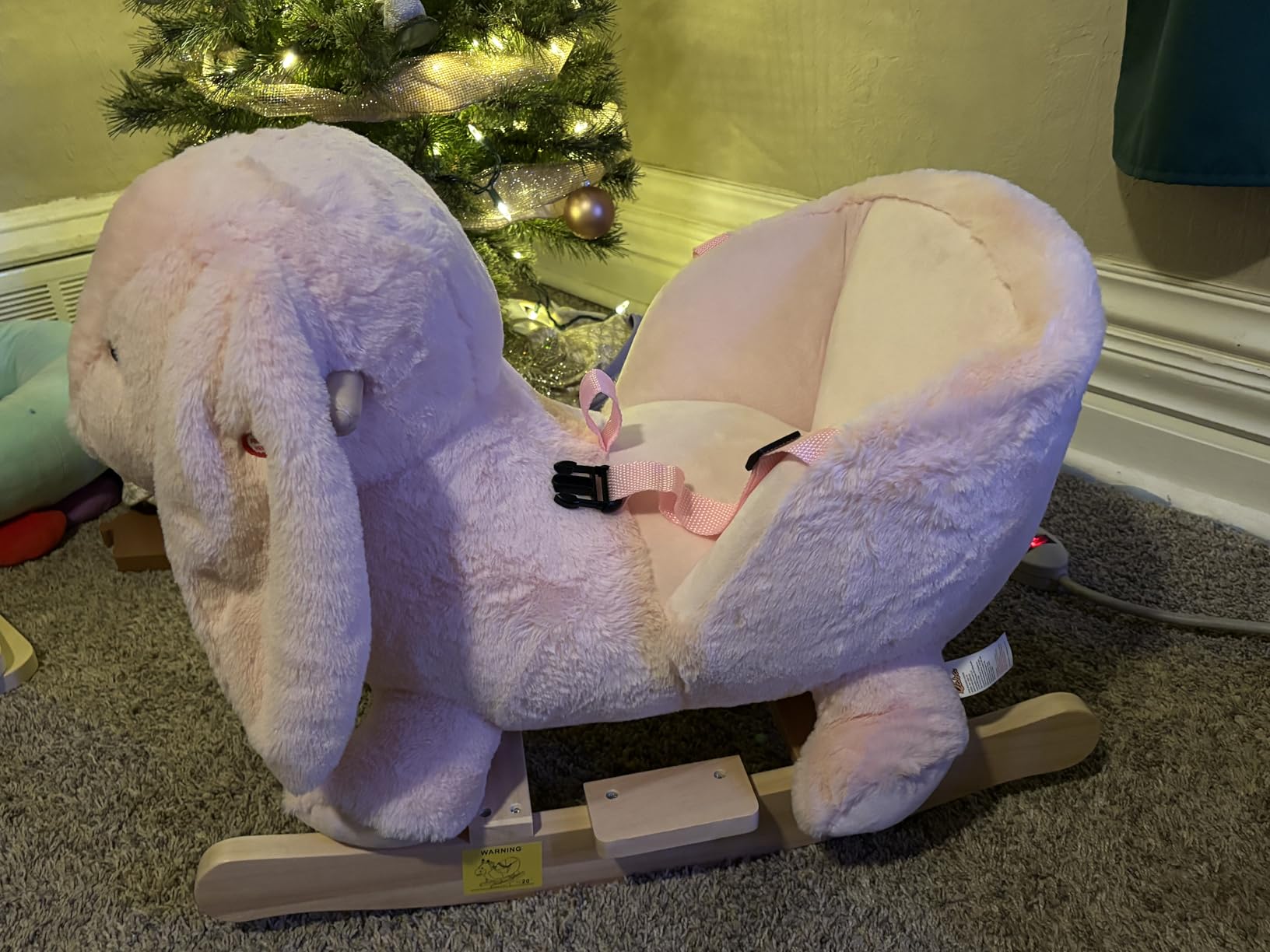 Qaba Baby Rocking Horse with Simulated Sound for Toddler 18-36 Months Pink | Plush Rabbit Animal Rocker, Wooden Base, Seat Belt, Stuffed Rocking Chair customer photo 2