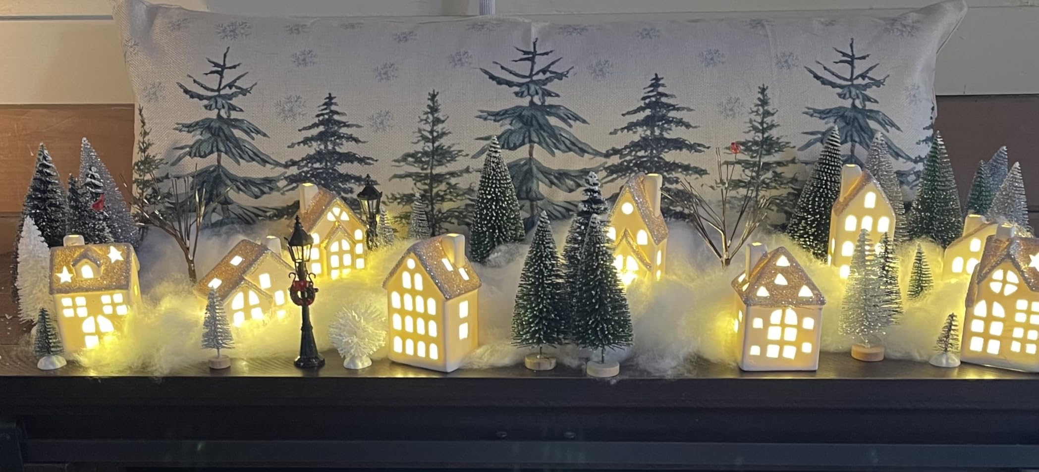 29Pcs Ceramic Christmas Village Set with Tea Light Pine Trees Xmas Street Lamp White Porcelain House Mantle Tabletop Christmas Decoration(Built in LR44) customer photo 1