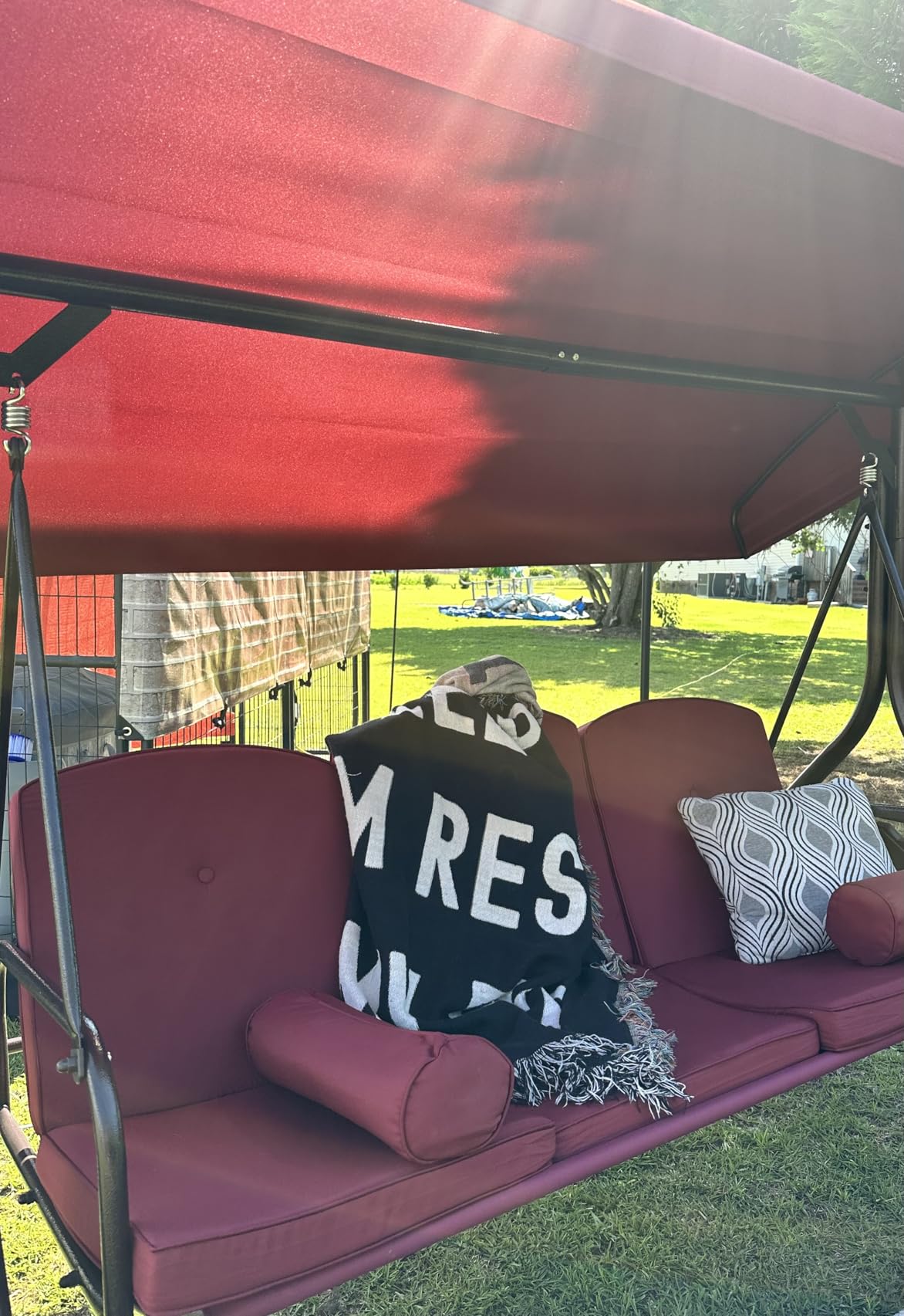 HOMREST 3 Seat Outdoor Porch Swing with Adjustable Canopy, Convertible Patio Swing Bed with Stand, Patio Glider Swing with Upgraded Cup Holder, Thicken Cushions & Pillow for Backyard(Blue) customer photo 2