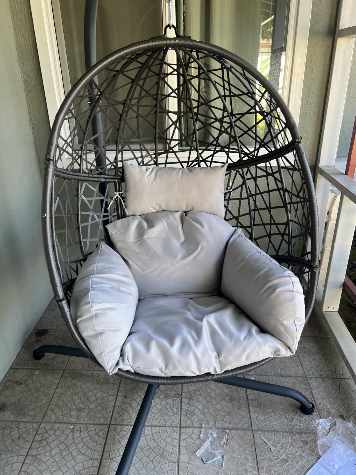 NICESOUL Swing Egg Chair with Stand, Bird Cage Patio Hanging Chair with Cushion, Large Swinging Chairs Indoor Outdoor, All-Weather 350lbs Eggshell Basket Seat for Porch, Backyard, Dark Grey customer photo 1