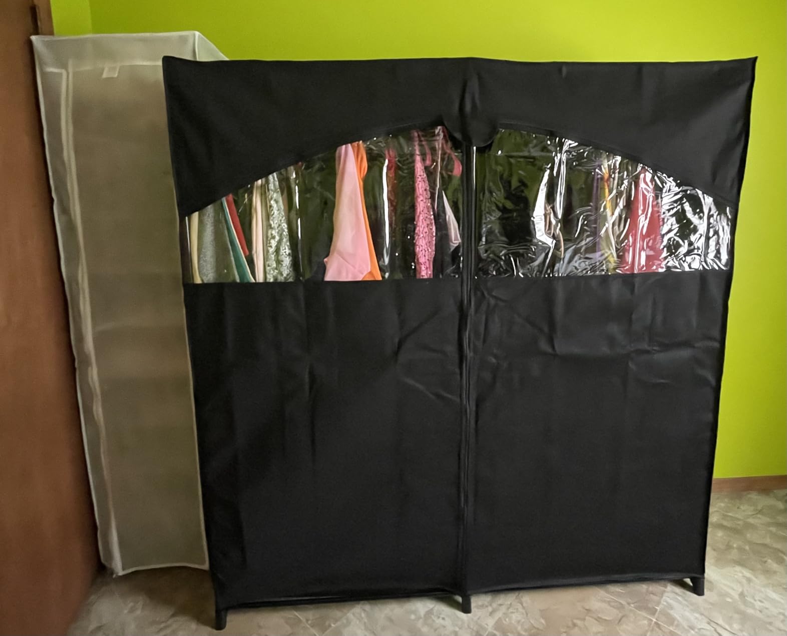 HOLDN' STORAGE Portable Wardrobe Closet, 65 LBs Large Capacity | Internal Heavy Duty Metal Rod, Zipper & Clear Window, Durable Clothes Organizer, Easy Assembly, Dark Gray Canvas Cover customer photo 1