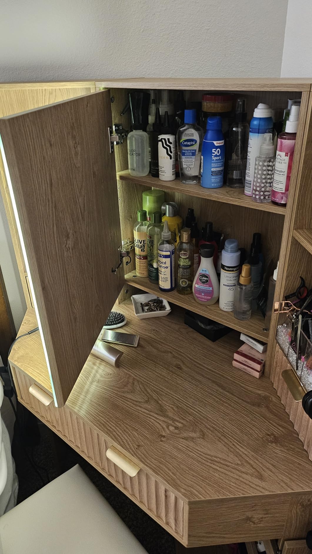 Corner Vanity Desk with Lights and Charging Station, Makeup Vanity with Lights, Vanity Set with Mirror and Storage Stool, Makeup Table with Drawers, Rotating Shelves, White customer photo 1