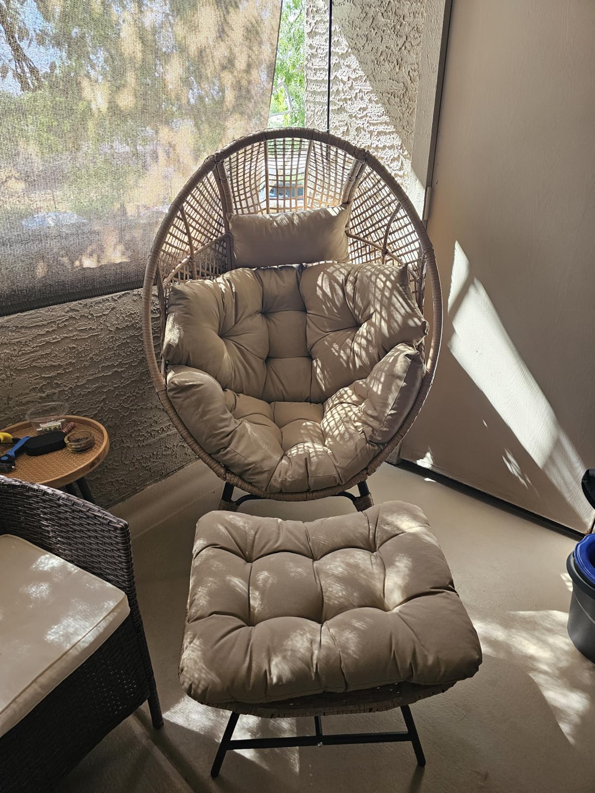 NICESOUL Wicker Egg Chair with Ottoman, Indoor Outdoor Egg Basket Lounge Chair w/Cushion, Oversized Egg Seat with Legs 440 Lbs, Comfy Cozy Boho Style Nest Chair w/Footrest for Patio, Balcony, Beige customer photo 2
