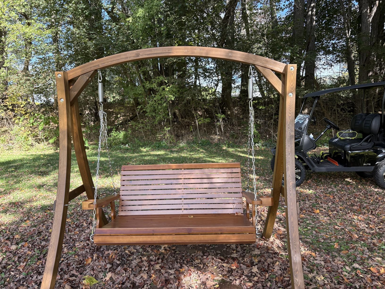 VINGLI XL 4 Ft Pro Wooden Porch Swing with Cup Holders, 880 LBS, Brown | Heavy-Duty Wood Frame; 880-Lb Capacity; Cup Holders Included; Hanging Chains Included; Ideal For Yard, Lawn, And Garden customer photo 1