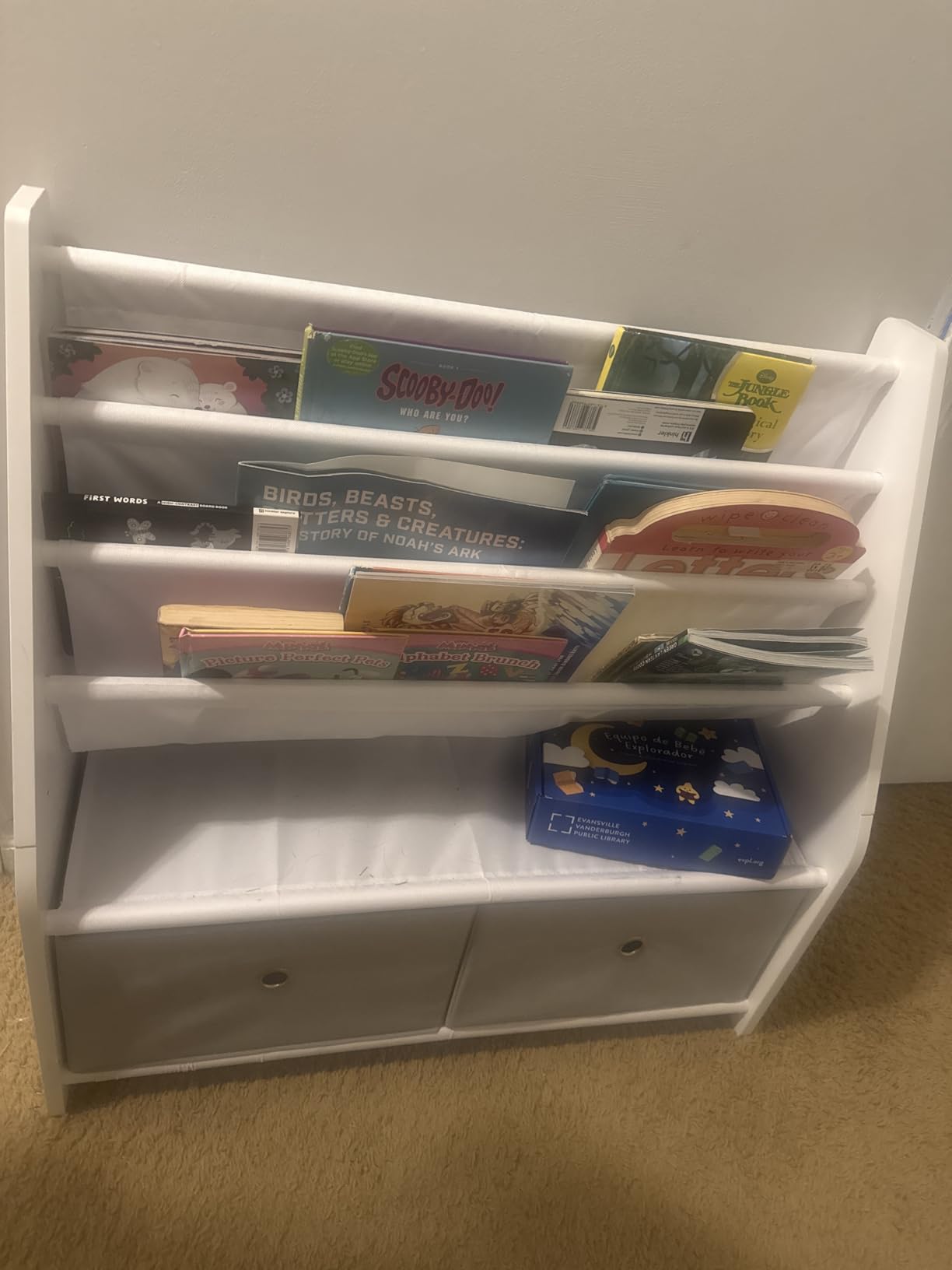 Kids Bookshelf and Toy Storage, 4 Tier Large Capacity Kids Book Rack, Sling Kid Bookcase, White and Gray customer photo 1