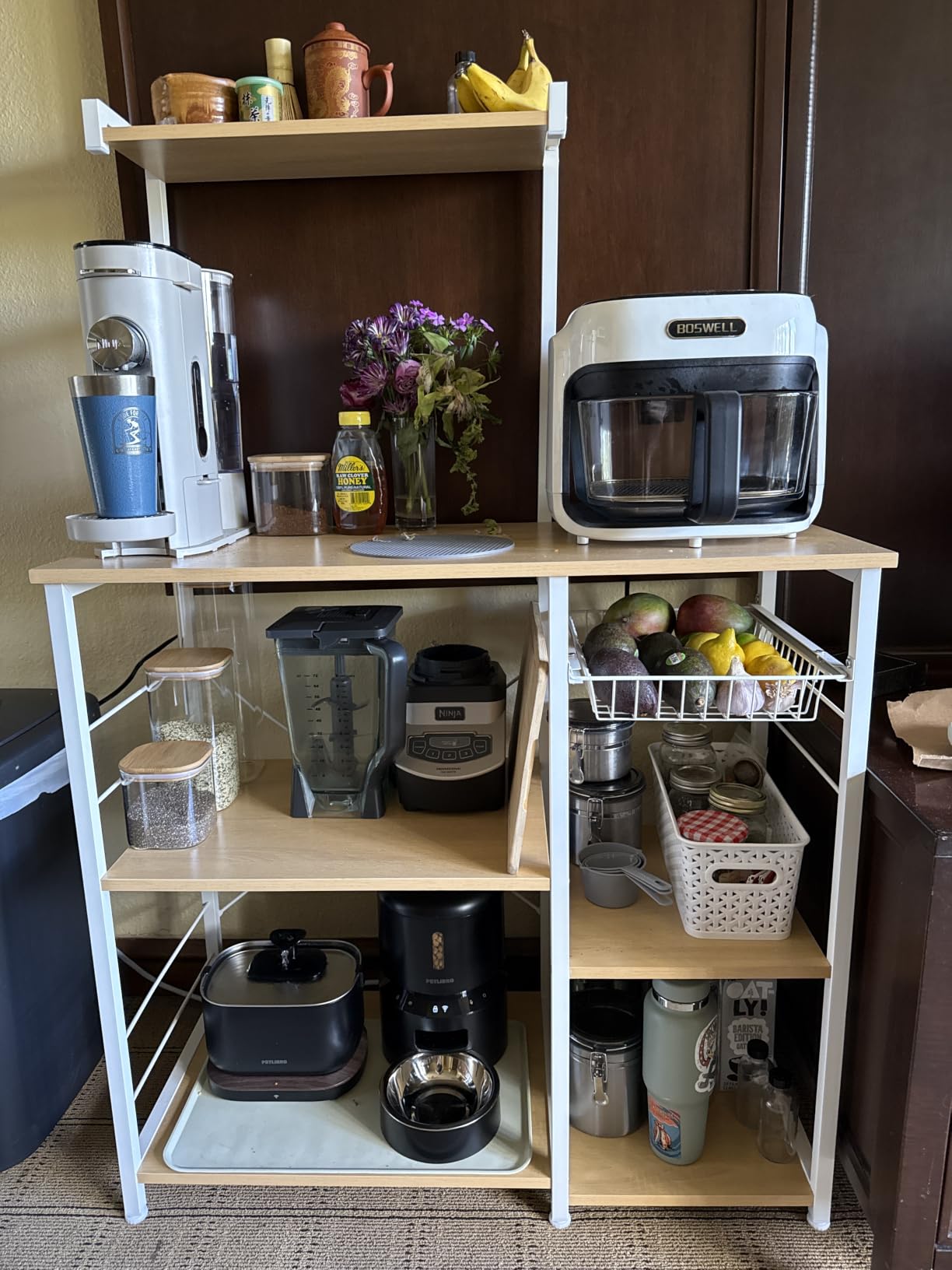 VASAGLE Bakers Rack with Power Outlet, 35.4 Inches Microwave Stand, Coffee Bar, 4 AC Outlets, with Adjustable Shelves, 8 S-Hooks, Basket, Spice Racks, Golden Oak and Cloud White UKKS031Y09 customer photo 1
