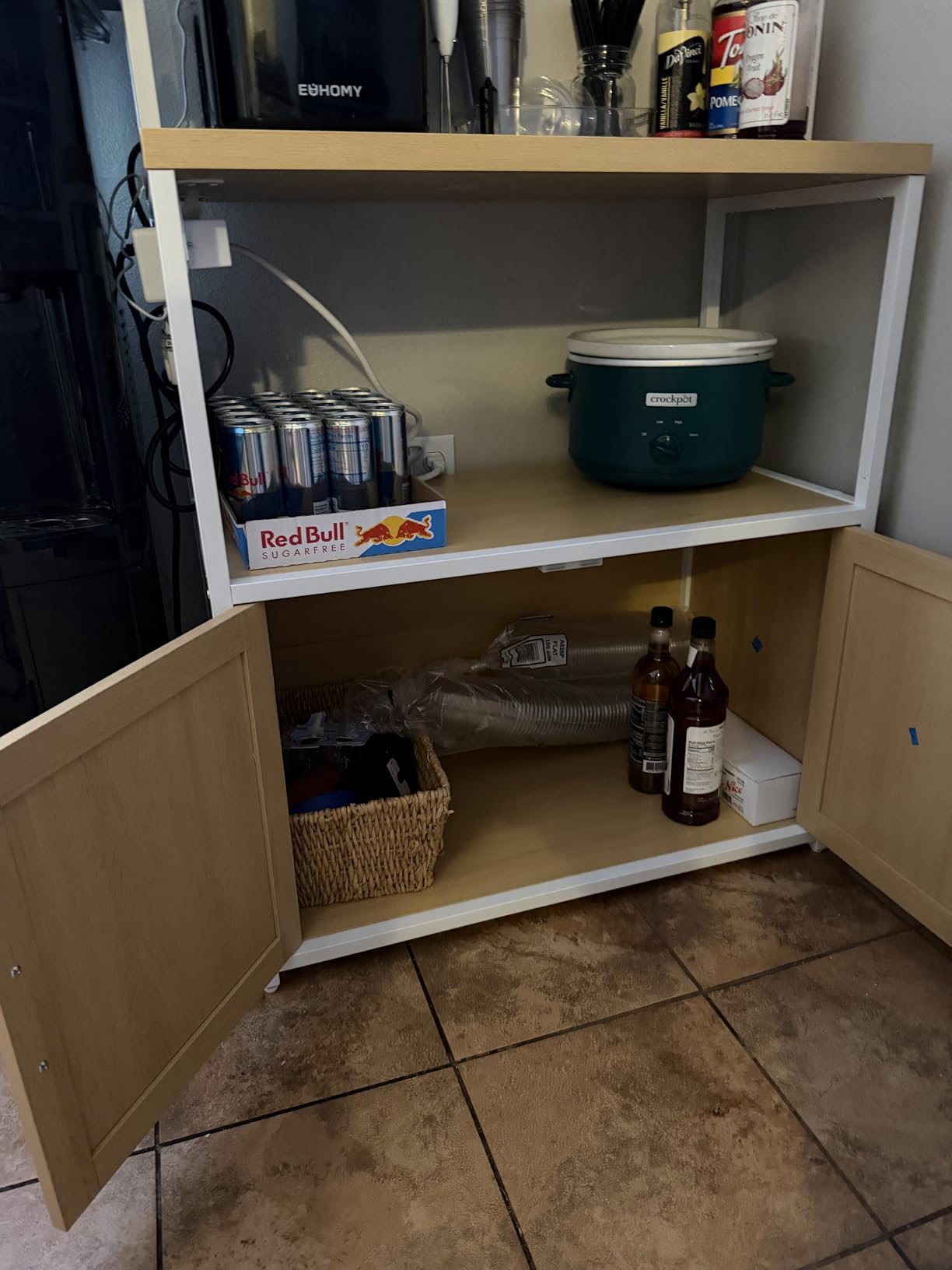VASAGLE Bakers Rack with Power Outlet, 35.4 Inches Microwave Stand, Coffee Bar, 4 AC Outlets, with Adjustable Shelves, 8 S-Hooks, Basket, Spice Racks, Golden Oak and Cloud White UKKS031Y09 customer photo 2