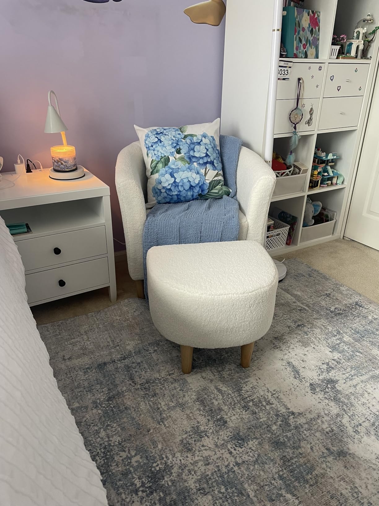 DAZONE Sherpa Accent Chair with Ottoman White Fluffy Teddy Barrel Armchair | Small Side Chair for Living Room, Bedroom, Reading Corner, Footrest, Boucle Corner Armchair, Solid Wood Legs, Soft Cushion customer photo 1