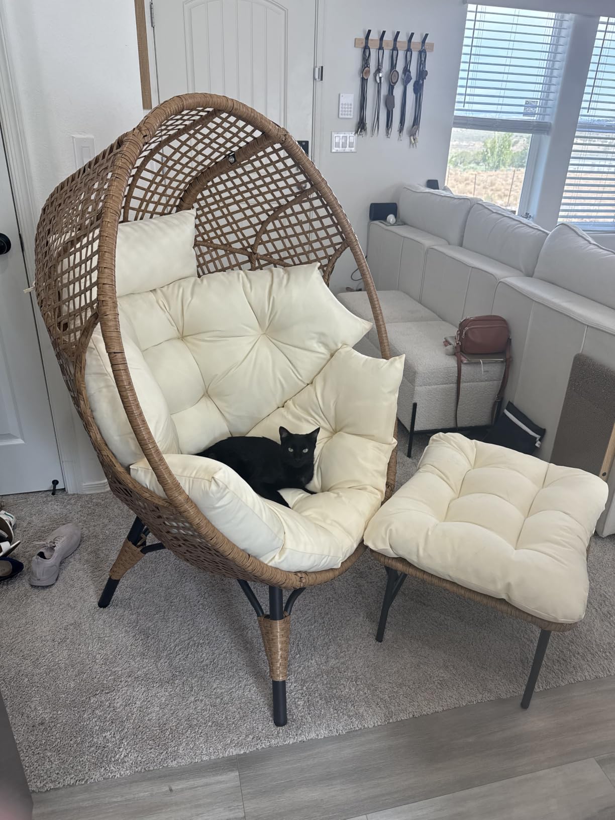 NICESOUL Indoor Outdoor Egg Chair w/Ottoman, Huge Extra Large Eggshell Papasan Chair w/Cushion, Water & UV-Resistant Patio Lounge Chair w/Cover, Outside Reading Chair for Backyard, Porch, Beige customer photo 1
