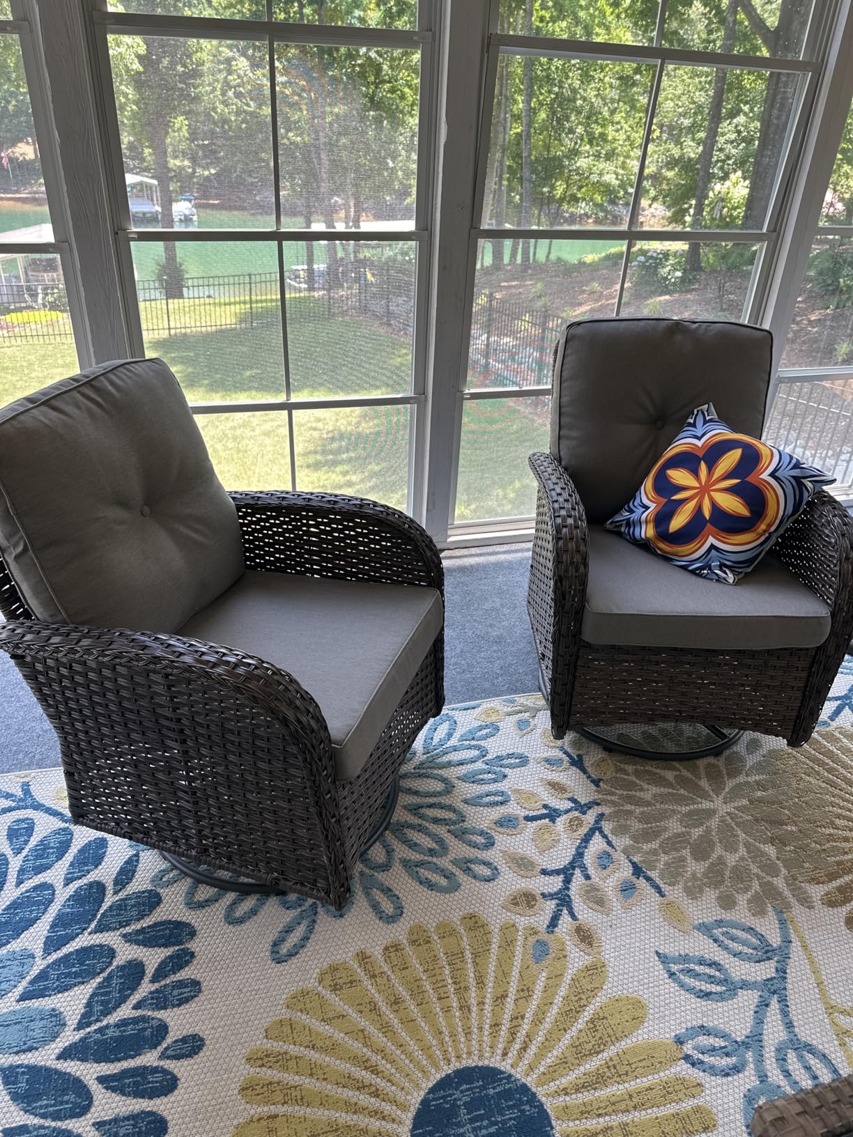 2 in 1 Porch Glider Swivel Chair - Wicker Patio Furniture Outdoor Swivel Rocker Chair with Thick Cushion, 300 Lb Weight Capacity Patio Swivel Glider Seating - Brown Wicker, Grey Cushion customer photo 2