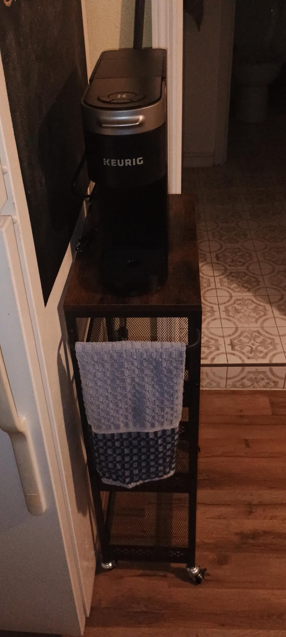 OKZEST 4-Tier Slim Rolling Storage Cart for Kitchen, Laundry Room, Bathroom | Upgraded metal hub casters, Narrow utility cart for small space/gaps, Premium wood top & metal mesh shelf, with handle & hook customer photo 2
