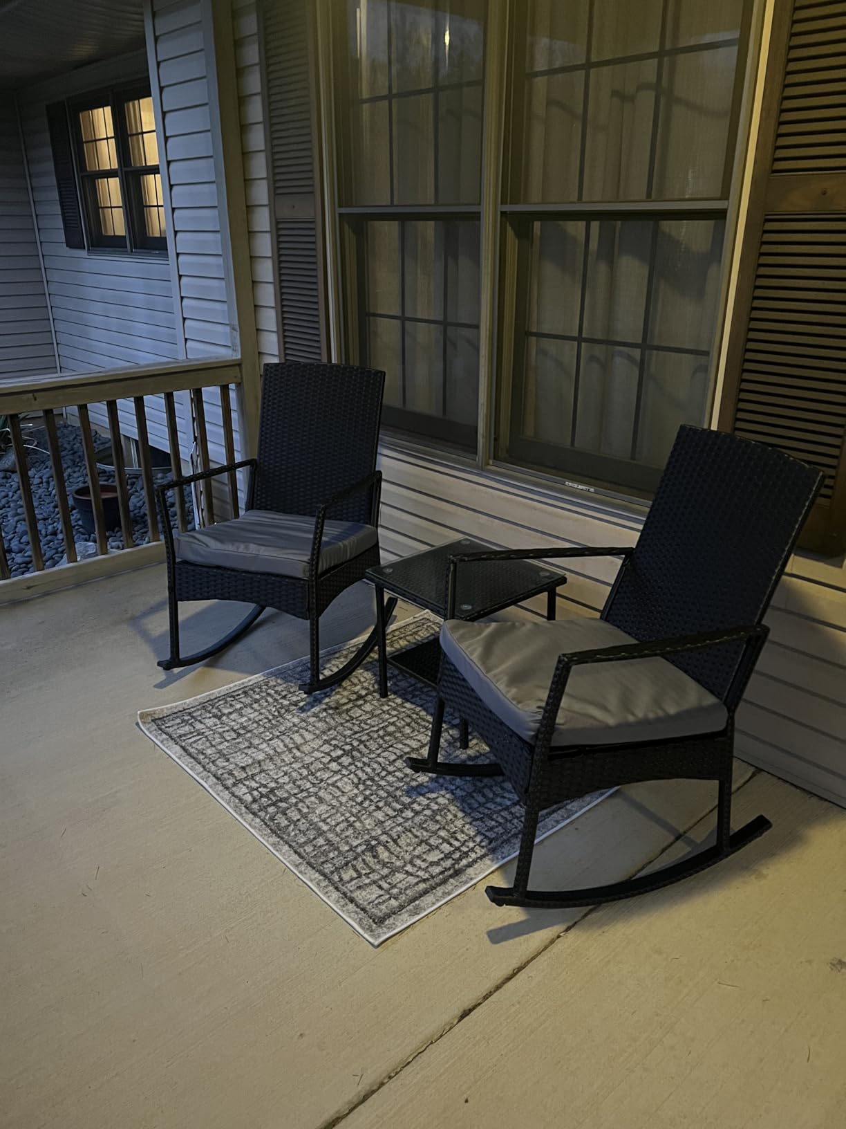 Greesum 3 Pieces Patio Furniture Set Outdoor Wicker Rocking Chairs with Glass Coffee Table for Garden Backyard Porch Poolside, Beige customer photo 2
