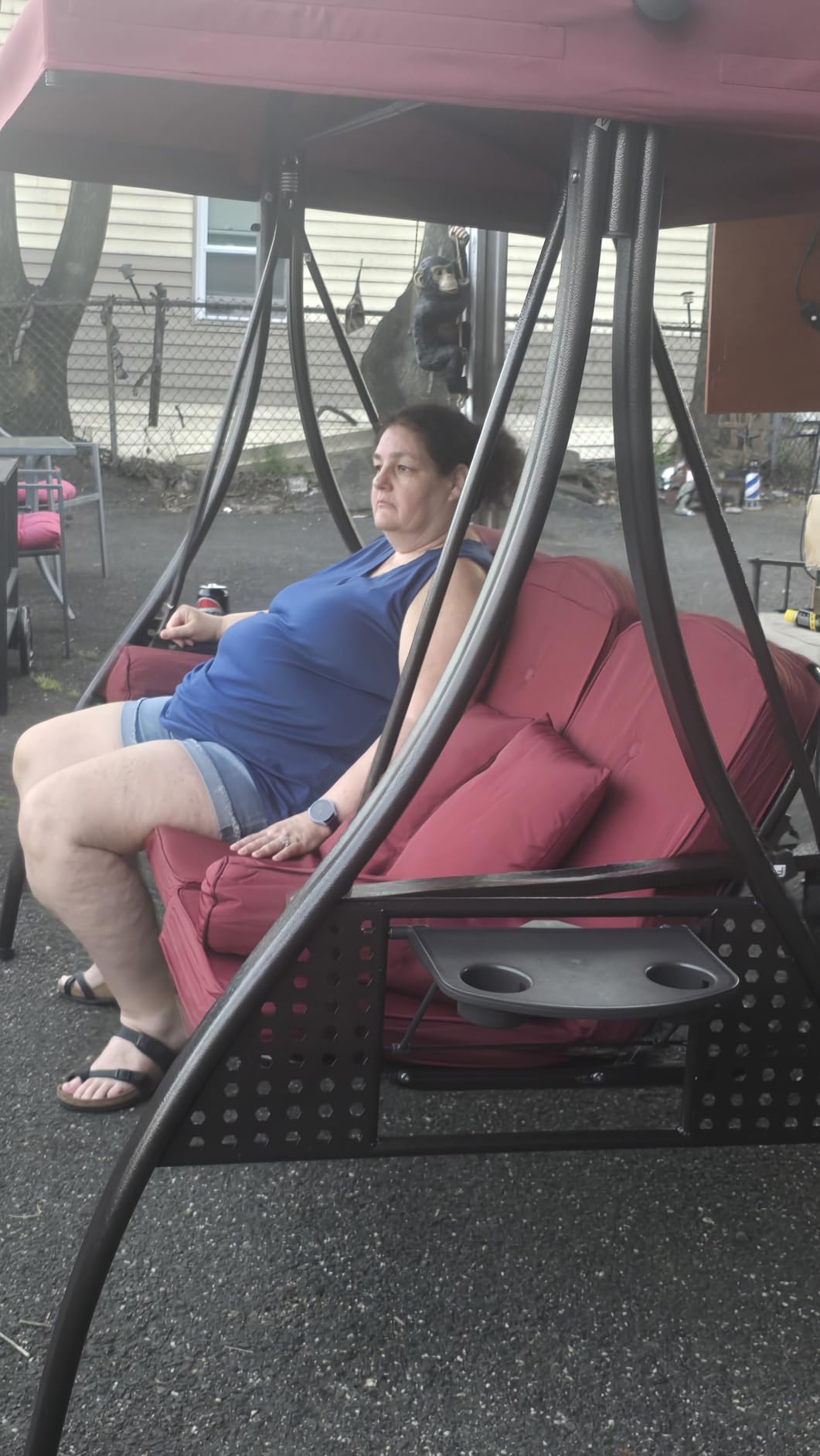 3 in 1 Outdoor Porch Swing with Adjustable Canopy, 3 Seat Outdoor Swing for Adults, Patio Swing Chair with Thickened Cushions, Pillows & Cup Holders for Backyard, Porch, Garden (Blue) customer photo 2