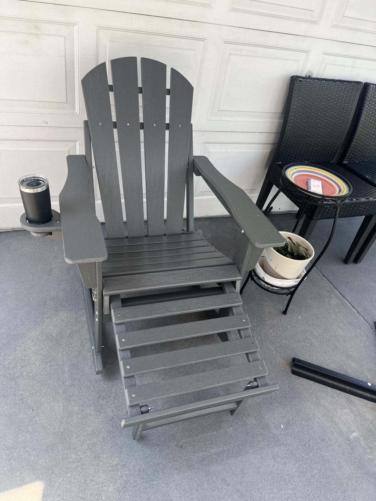 Folding Adirondack Rocking Chair, 4-in-1 Multifunctional Patio Chair with Retractable Ottoman, Outdoor Chair Wood Texture, Lawn Chair for Porch, Backyard, Pool (Grey) customer photo 2