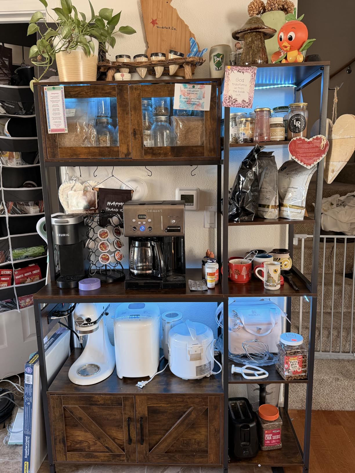 Itaar Bakers Rack with Power Outlet and LED Light, 45.3 Inch Farmhouse Coffee Bar Cabinet, Kitchen Microwave Stand with Storage, Glass Cabinet, Goblet Holder and 8 Hooks (Rustic Brown) customer photo 2