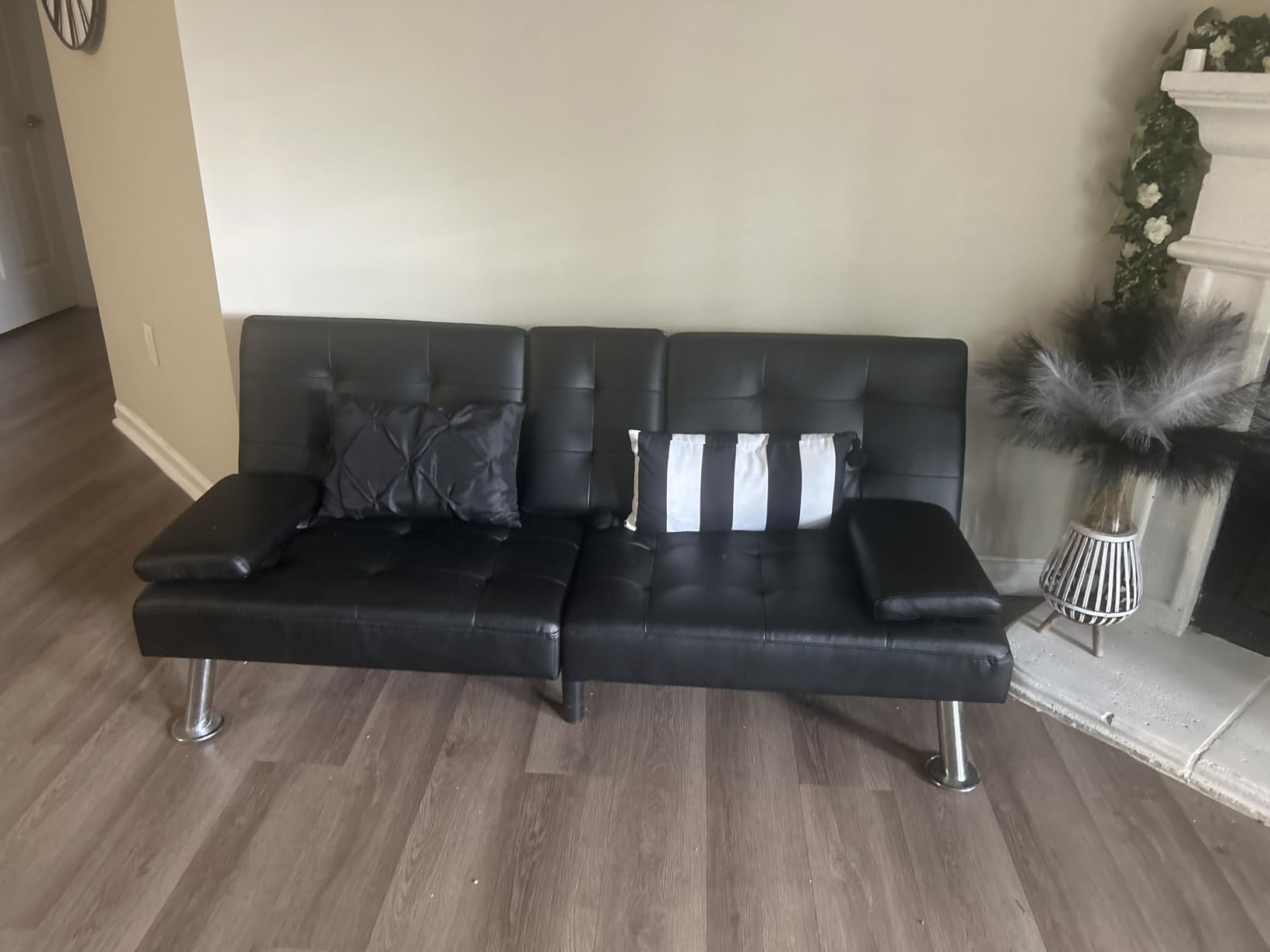 Shahoo Convertible Folding Futon Sofa Bed Sleeper Couch for Living Room Faux Leather Upholstered Loveseat w/ Removable Armrests, Metal Legs, 2 Cup Holders, Black customer photo 1