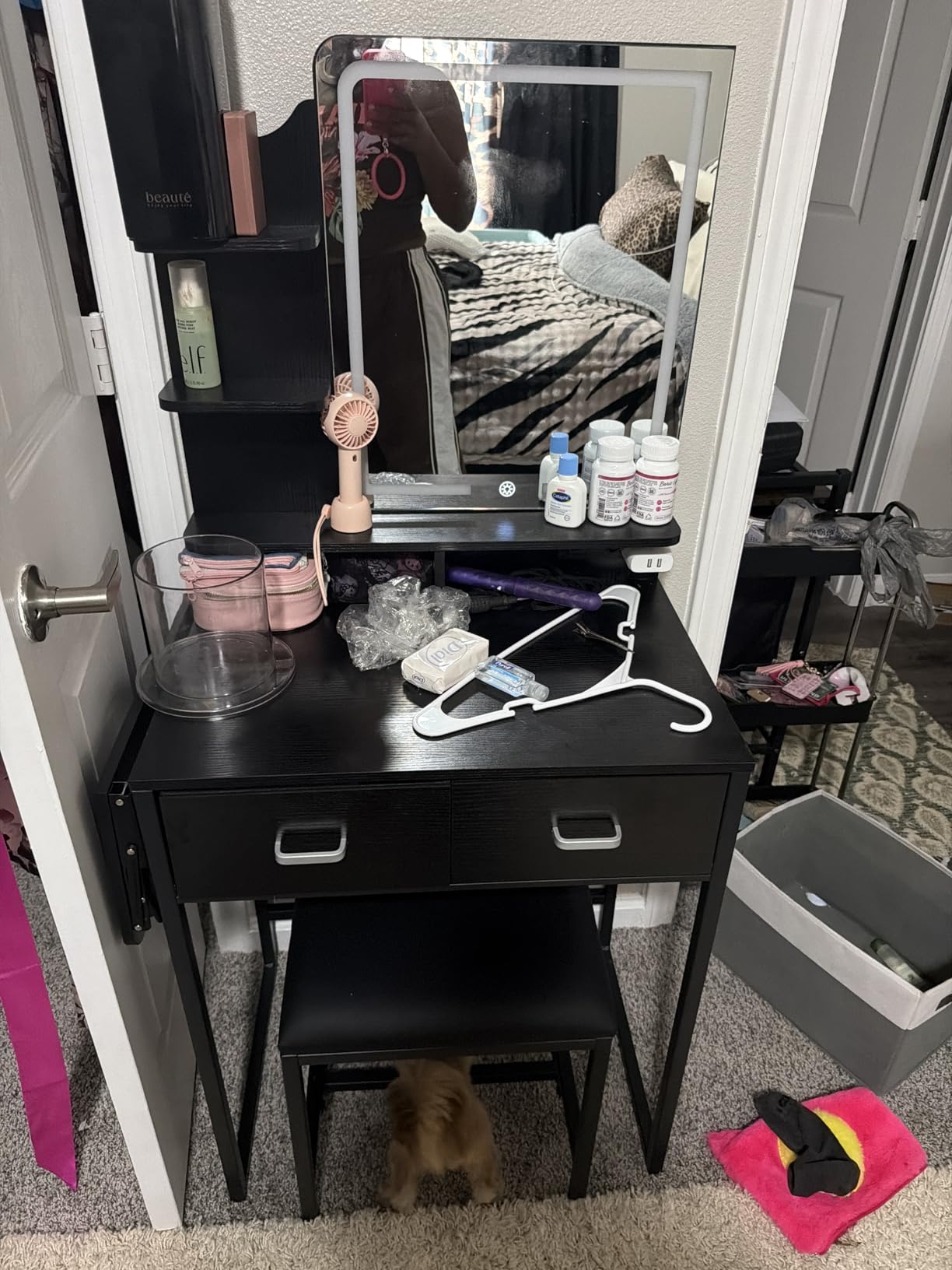 ALEXNUTRE Makeup Vanity Desk with Mirror and Lights, Small Vanity with Fabric Storage Drawer and Chair and Shelves, White Vanity with Fold-up Panel and Power Outlet for Bedroom customer photo 1