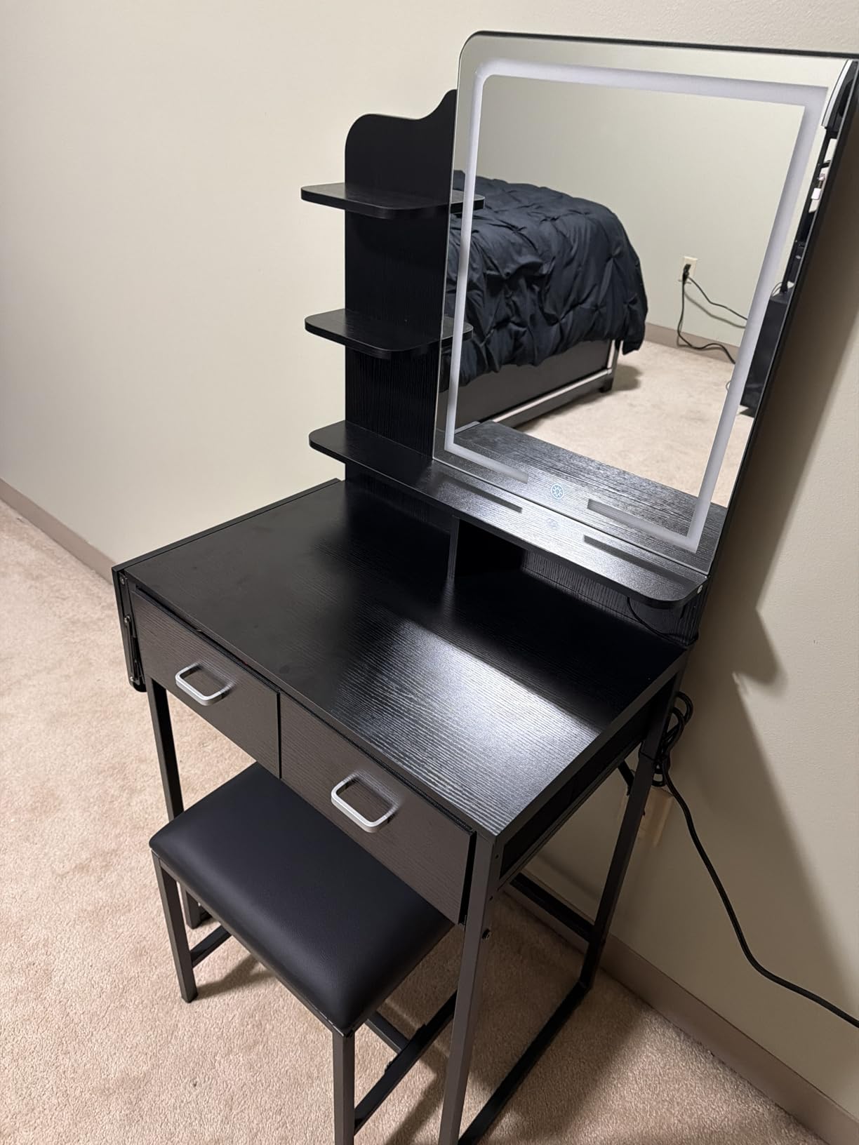 ALEXNUTRE Makeup Vanity Desk with Mirror and Lights, Small Vanity with Fabric Storage Drawer and Chair and Shelves, White Vanity with Fold-up Panel and Power Outlet for Bedroom customer photo 2