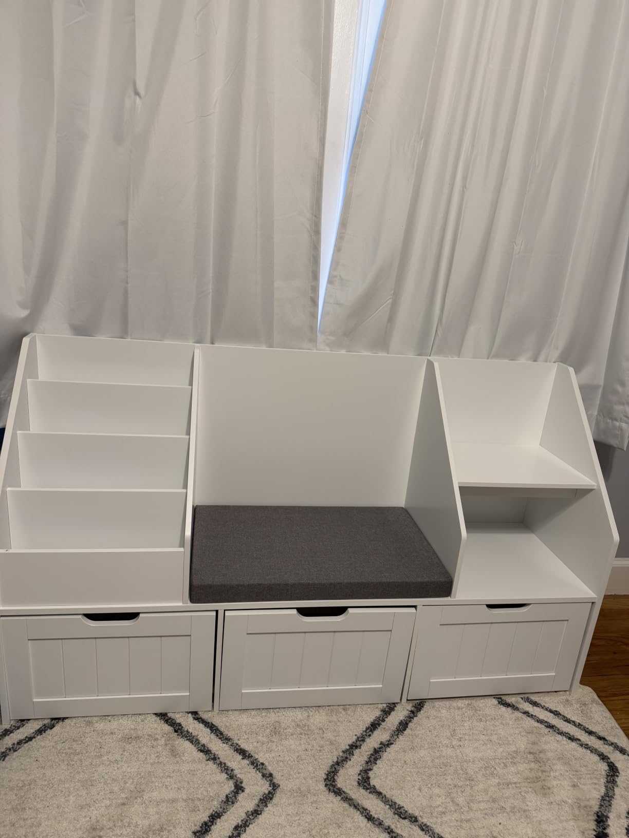 FOTOSOK Kids Bookshelf with Reading Nook, Toy Storage with Seat Cushion | 55.1'' Toy Storage Organizer with 3 Movable Drawers, Kids Reading Nook with Bench for Playroom, Bedroom, White customer photo 2