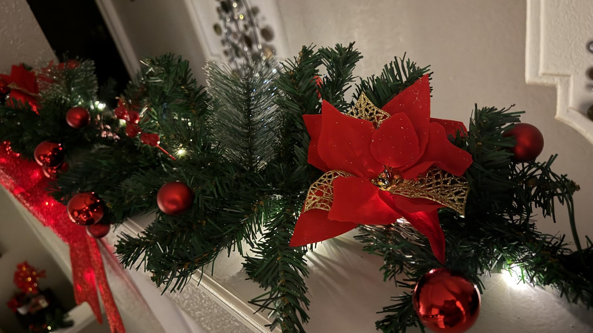 9Ft Pre-lit Christmas Garland with LED Lights Battery Operated, Holiday Decoration Stairs Wall Mantle Door Indoor Outdoor, Decorated with Red Flower, Balls, Berries, Snowy Pine, Christmas Collection customer photo 1