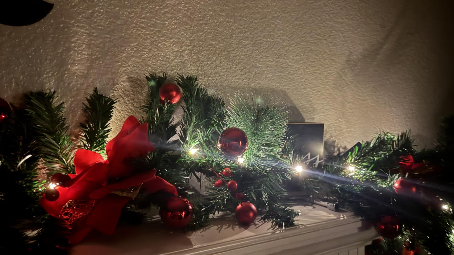 9Ft Pre-lit Christmas Garland with LED Lights Battery Operated, Holiday Decoration Stairs Wall Mantle Door Indoor Outdoor, Decorated with Red Flower, Balls, Berries, Snowy Pine, Christmas Collection customer photo 2